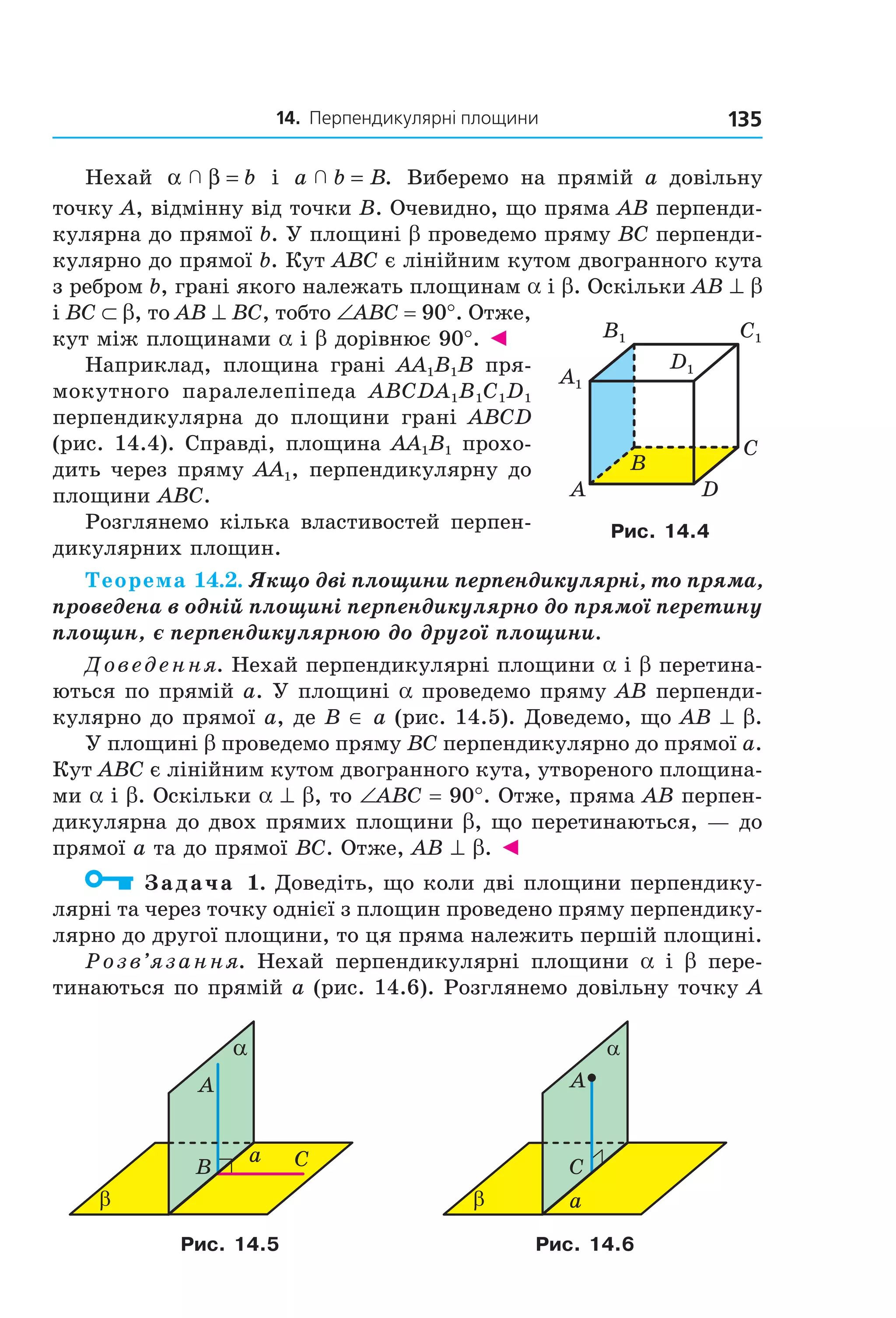 14. Перпендикулярні площини 135
Нехай α β  = b і a b B  = . Виберемо на прямій а довільну
точку А, відмінну від точки В. Очевидно, що пряма АВ перпенди-
кулярна до прямої b. У площині b проведемо пряму BC перпенди-
кулярно до прямої b. Кут ABC є лінійним кутом двогранного кута
з ребром b, грані якого належать площинам a і b. Оскільки AB ^ b
і BC ⊂ b, то AB ^ BC, тобто ∠ABC = 90°. Отже,
кут між площинами a і b дорівнює 90°. ◄
Наприклад, площина грані AA1B1B пря-
мокутного паралелепіпеда ABCDA1B1C1D1
перпендикулярна до площини грані ABCD
(рис. 14.4). Справді, площина AA1B1 прохо-
дить через пряму AA1, перпендикулярну до
площини ABC.
Розглянемо кілька властивостей перпен-
дикулярних площин.
Теорема 14.2. Якщо дві площини перпендикулярні, то пряма,
проведена в одній площині перпендикулярно до прямої перетину
площин, є перпендикулярною до другої площини.
Доведення. Нехай перпендикулярні площини a і b перетина-
ються по прямій a. У площині a проведемо пряму AB перпенди-
кулярно до прямої a, де B ∈ a (рис. 14.5). Доведемо, що AB ^ b.
У площині b проведемо пряму BC перпендикулярно до прямої a.
Кут ABC є лінійним кутом двогранного кута, утвореного площина-
ми a і b. Оскільки a ^ b, то ∠ABC = 90°. Отже, пряма AB перпен-
дикулярна до двох прямих площини b, що перетинаються, — до
прямої a та до прямої BC. Отже, AB ^ b. ◄
Задача 1. Доведіть, що коли дві площини перпендику-
лярні та через точку однієї з площин проведено пряму перпендику-
лярно до другої площини, то ця пряма належить першій площині.
Розв’язання. Нехай перпендикулярні площини a і b пере-
тинаються по прямій a (рис. 14.6). Розглянемо довільну точку A
α
β
B
A
a C
α
β
C
a
A
Рис. 14.5 Рис. 14.6
B
A
C
D
A1
B1 C1
D1
Рис. 14.4
Право для безоплатного розміщення підручника в мережі Інтернет має
Міністерство освіти і науки України http://mon.gov.ua/ та Інститут модернізації змісту освіти https://imzo.gov.ua
 
