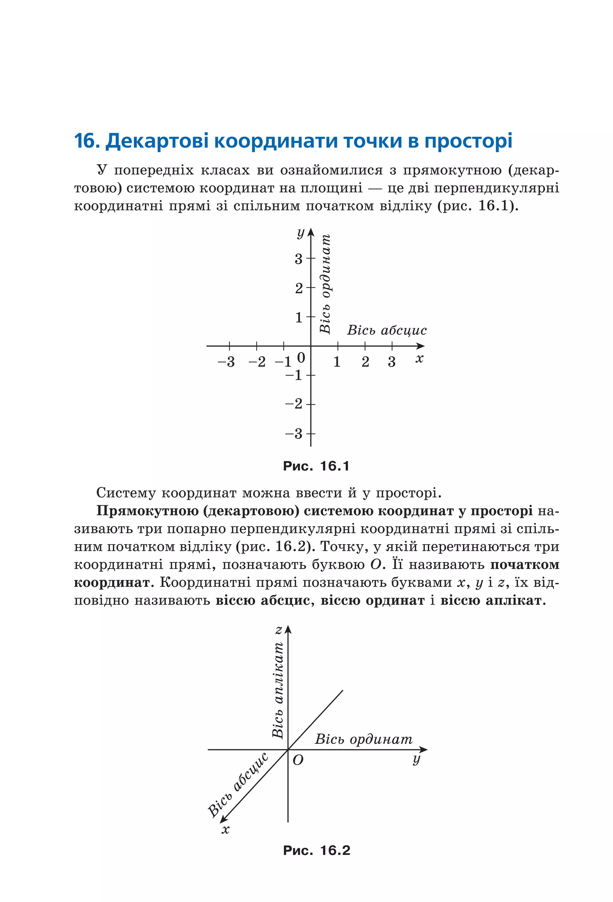 16. декартові координати точки в просторі
У попередніх класах ви ознайомилися з прямокутною (декар-
товою) системою координат на площині — це дві перпендикулярні
координатні прямі зі спільним початком відліку (рис. 16.1).
0 21 3
–1
–1–2–3
–2
–3
1
2
3
x
y
Â³ñü àáñöèñ
Â³ñüîðäèíàò
Рис. 16.1
Систему координат можна ввести й у просторі.
Прямокутною (декартовою) системою координат у просторі на-
зивають три попарно перпендикулярні координатні прямі зі спіль-
ним початком відліку (рис. 16.2). Точку, у якій перетинаються три
координатні прямі, позначають буквою O. Її називають початком
координат. Координатні прямі позначають буквами x, y і z, їх від-
повідно називають віссю абсцис, віссю ординат і віссю аплікат.
O
x
y
Â
³ñü
àáñöèñ
Â³ñü îðäèíàò
z
Â³ñüàïë³êàò
Рис. 16.2
Право для безоплатного розміщення підручника в мережі Інтернет має
Міністерство освіти і науки України http://mon.gov.ua/ та Інститут модернізації змісту освіти https://imzo.gov.ua
 