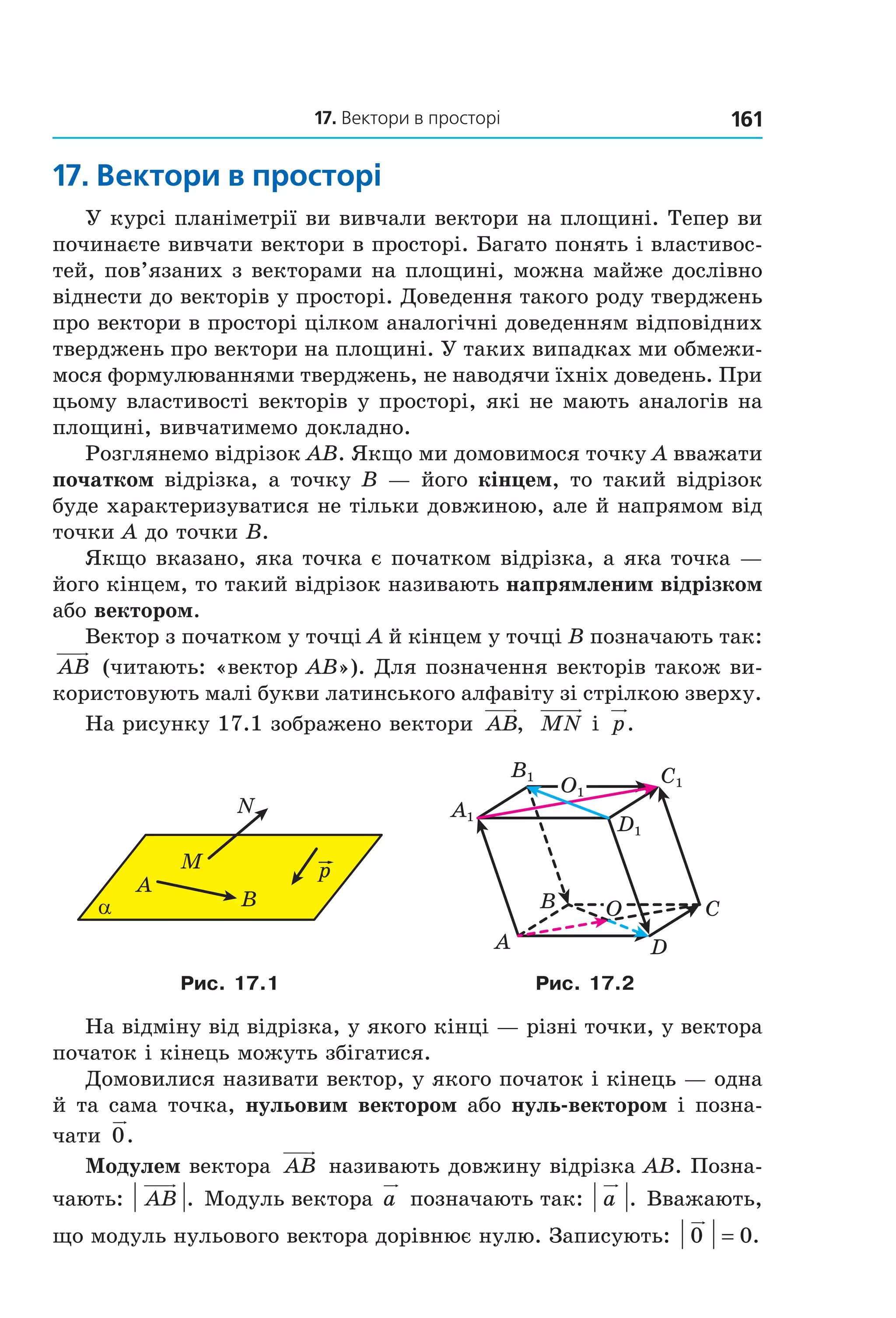 17. Вектори в просторі 161
17. Вектори в просторі
У курсі планіметрії ви вивчали вектори на площині. Тепер ви
починаєте вивчати вектори в просторі. Багато понять і властивос-
тей, пов’язаних з векторами на площині, можна майже дослівно
віднести до векторів у просторі. Доведення такого роду тверджень
про вектори в просторі цілком аналогічні доведенням відповідних
тверджень про вектори на площині. У таких випадках ми обмежи-
мося формулюваннями тверджень, не наводячи їхніх доведень. При
цьому властивості векторів у просторі, які не мають аналогів на
площині, вивчатимемо докладно.
Розглянемо відрізок AB. Якщо ми домовимося точку A вважати
початком відрізка, а точку B — його кінцем, то такий відрізок
буде характеризуватися не тільки довжиною, але й напрямом від
точки A до точки B.
Якщо вказано, яка точка є початком відрізка, а яка точка —
його кінцем, то такий відрізок називають напрямленим відрізком
або вектором.
Вектор з початком у точці A й кінцем у точці B позначають так:
AB (читають: «вектор AB»). Для позначення векторів також ви-
користовують малі букви латинського алфавіту зі стрілкою зверху.
На рисунку 17.1 зображено вектори AB, MN і p.
α
A
B
M
N
p
B
A
C
D
O
C1
D1
B1
O1
A1
Рис. 17.1 Рис. 17.2
На відміну від відрізка, у якого кінці — різні точки, у вектора
початок і кінець можуть збігатися.
Домовилися називати вектор, у якого початок і кінець — одна
й та сама точка, нульовим вектором або нуль-вектором і позна-
чати 0.
Модулем вектора AB називають довжину відрізка AB. Позна-
чають: AB . Модуль вектора a позначають так: a . Вважають,
що модуль нульового вектора дорівнює нулю. Записують: 0 0= .
Право для безоплатного розміщення підручника в мережі Інтернет має
Міністерство освіти і науки України http://mon.gov.ua/ та Інститут модернізації змісту освіти https://imzo.gov.ua
 