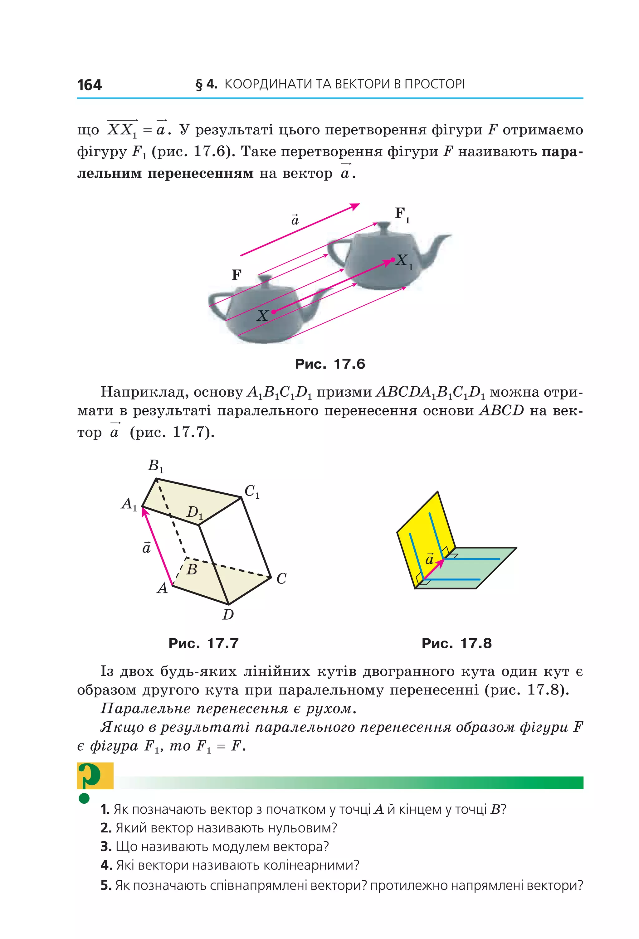 § 4. КООрДиНАти тА ВеКтОри В ПрОСтОрі164
що XX a1 = . У результаті цього перетворення фігури F отримаємо
фігуру F1 (рис. 17.6). Таке перетворення фігури F називають пара-
лельним перенесенням на вектор a.
FF
F11
X
XX1
a
Рис. 17.6
Наприклад, основу A1B1C1D1 призми ABCDA1B1C1D1 можна отри-
мати в результаті паралельного перенесення основи ABCD на век-
тор a (рис. 17.7).
a
A
C
B
D
C1
D1
A1
B1
a
Рис. 17.7 Рис. 17.8
Із двох будь-яких лінійних кутів двогранного кута один кут є
образом другого кута при паралельному перенесенні (рис. 17.8).
Паралельне перенесення є рухом.
Якщо в результаті паралельного перенесення образом фігури F
є фігура F1, то F1 = F.
?1. Як позначають вектор з початком у точці A й кінцем у точці B?
2. Який вектор називають нульовим?
3. Що називають модулем вектора?
4. Які вектори називають колінеарними?
5. Як позначають співнапрямлені вектори? протилежно напрямлені вектори?
Право для безоплатного розміщення підручника в мережі Інтернет має
Міністерство освіти і науки України http://mon.gov.ua/ та Інститут модернізації змісту освіти https://imzo.gov.ua
 