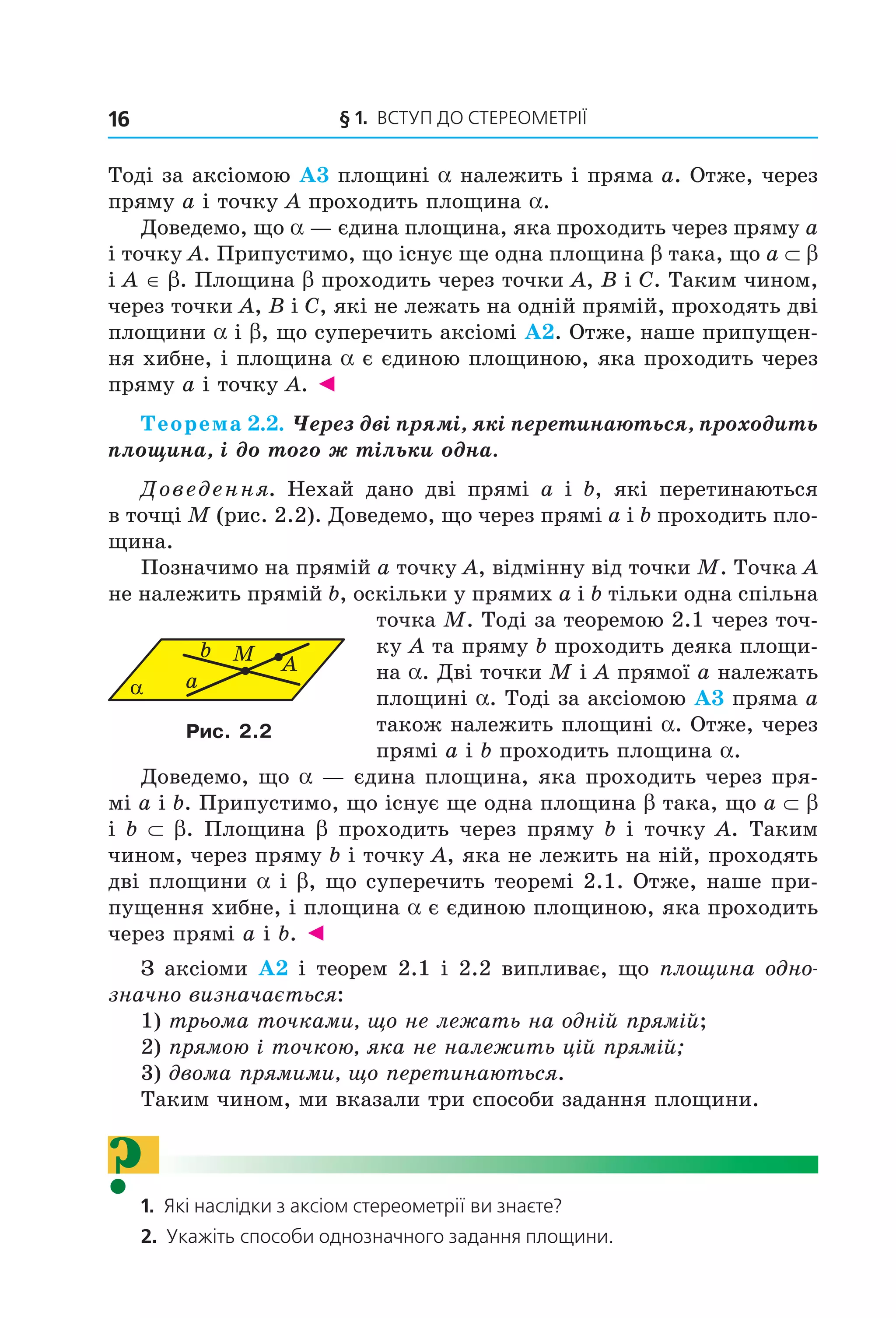§ 1. ВСтУП ДО СтереОМетрії16
Тоді за аксіомою А3 площині a належить і пряма a. Отже, через
пряму a і точку A проходить площина a.
Доведемо, що a — єдина площина, яка проходить через пряму a
і точку A. Припустимо, що існує ще одна площина b така, що a ⊂ b
і A ∈ b. Площина b проходить через точки A, B і C. Таким чином,
через точки A, B і C, які не лежать на одній прямій, проходять дві
площини a і b, що суперечить аксіомі А2. Отже, наше припущен-
ня хибне, і площина a є єдиною площиною, яка проходить через
пряму a і точку A. ◄
Теорема 2.2. Через дві прямі, які перетинаються, проходить
площина, і до того ж тільки одна.
Доведення. Нехай дано дві прямі a і b, які перетинаються
в точці M (рис. 2.2). Доведемо, що через прямі a і b проходить пло-
щина.
Позначимо на прямій a точку A, відмінну від точки M. Точка A
не належить прямій b, оскільки у прямих а і b тільки одна спільна
точка М. Тоді за теоремою 2.1 через точ-
ку A та пряму b проходить деяка площи-
на a. Дві точки M і A прямої a належать
площині a. Тоді за аксіомою А3 пряма a
також належить площині a. Отже, через
прямі a і b проходить площина a.
Доведемо, що a — єдина площина, яка проходить через пря-
мі a і b. Припустимо, що існує ще одна площина b така, що a ⊂ b
і b ⊂ b. Площина b проходить через пряму b і точку A. Таким
чином, через пряму b і точку A, яка не лежить на ній, проходять
дві площини a і b, що суперечить теоремі 2.1. Отже, наше при-
пущення хибне, і площина a є єдиною площиною, яка проходить
через прямі a і b. ◄
З аксіоми А2 і теорем 2.1 і 2.2 випливає, що площина одно-
значно визначається:
1) трьома точками, що не лежать на одній прямій;
2) прямою і точкою, яка не належить цій прямій;
3) двома прямими, що перетинаються.
Таким чином, ми вказали три способи задання площини.
?1. Які наслідки з аксіом стереометрії ви знаєте?
2. Укажіть способи однозначного задання площини.
α
b
a
M A
Рис. 2.2
Право для безоплатного розміщення підручника в мережі Інтернет має
Міністерство освіти і науки України http://mon.gov.ua/ та Інститут модернізації змісту освіти https://imzo.gov.ua
 
