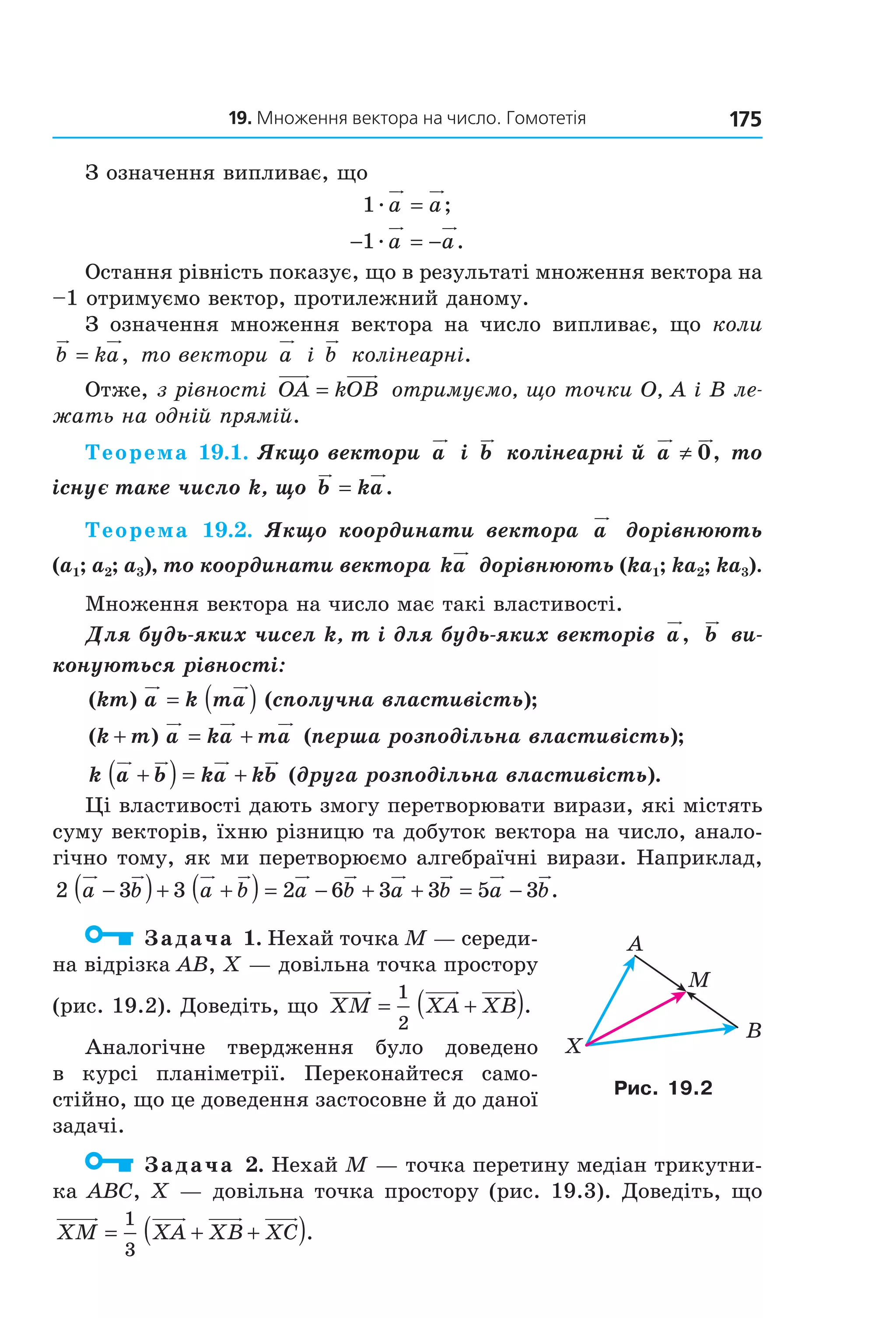 19. Множення вектора на число. Гомотетія 175
З означення випливає, що
1æa a= ;
− = −1æa a.
Остання рівність показує, що в результаті множення вектора на 
–1 отримуємо вектор, протилежний даному.
З  означення  множення  вектора  на  число  випливає,  що  коли
b ka= , то вектори a і b колінеарні.
Отже, з рівності OA kOB= отримуємо, що точки O, A і B ле-
жать на одній прямій.
Теорема 19.1. Якщо вектори a і b колінеарні й a ≠ 0, то
існує таке число k, що b ka= .
Теорема 19.2. Якщо координати вектора a дорівнюють
(a1; a2; a3), то координати вектора ka дорівнюють (ka1; ka2; ka3).
Множення вектора на число має такі властивості.
Для будь-яких чисел k, m і для будь-яких векторів a, b ви-
конуються рівності:
( )km a k ma= ( ) (сполучна властивість);
( )k m a ka ma+ = + (перша розподільна властивість);
k a b ka kb+( ) = + (друга розподільна властивість).
Ці властивості дають змогу перетворювати вирази, які містять 
суму векторів, їхню різницю та добуток вектора на число, анало­
гічно тому, як ми перетворюємо алгебраїчні вирази. Наприклад, 
2 3 3 2 6 3 3 5 3a b a b a b a b a b−( )+ +( ) = − + + = − .
  Задача 1. Нехай точка M — середи­
на відрізка AB, X — довільна точка простору 
(рис. 19.2). Доведіть, що  XM XA XB= +( )1
2
.
Аналогічне    твердження    було    доведено 
в  курсі  планіметрії.  Переконайтеся  само­
стійно, що це доведення застосовне й до даної 
задачі.
  Задача 2. Нехай M — точка перетину медіан трикутни­
ка ABC, X — довільна точка простору (рис. 19.3). Доведіть, що 
XM XA XB XC= + +( )1
3
.
A
B
M
X
Рис. 19.2
Право для безоплатного розміщення підручника в мережі Інтернет має
Міністерство освіти і науки України http://mon.gov.ua/ та Інститут модернізації змісту освіти https://imzo.gov.ua
 