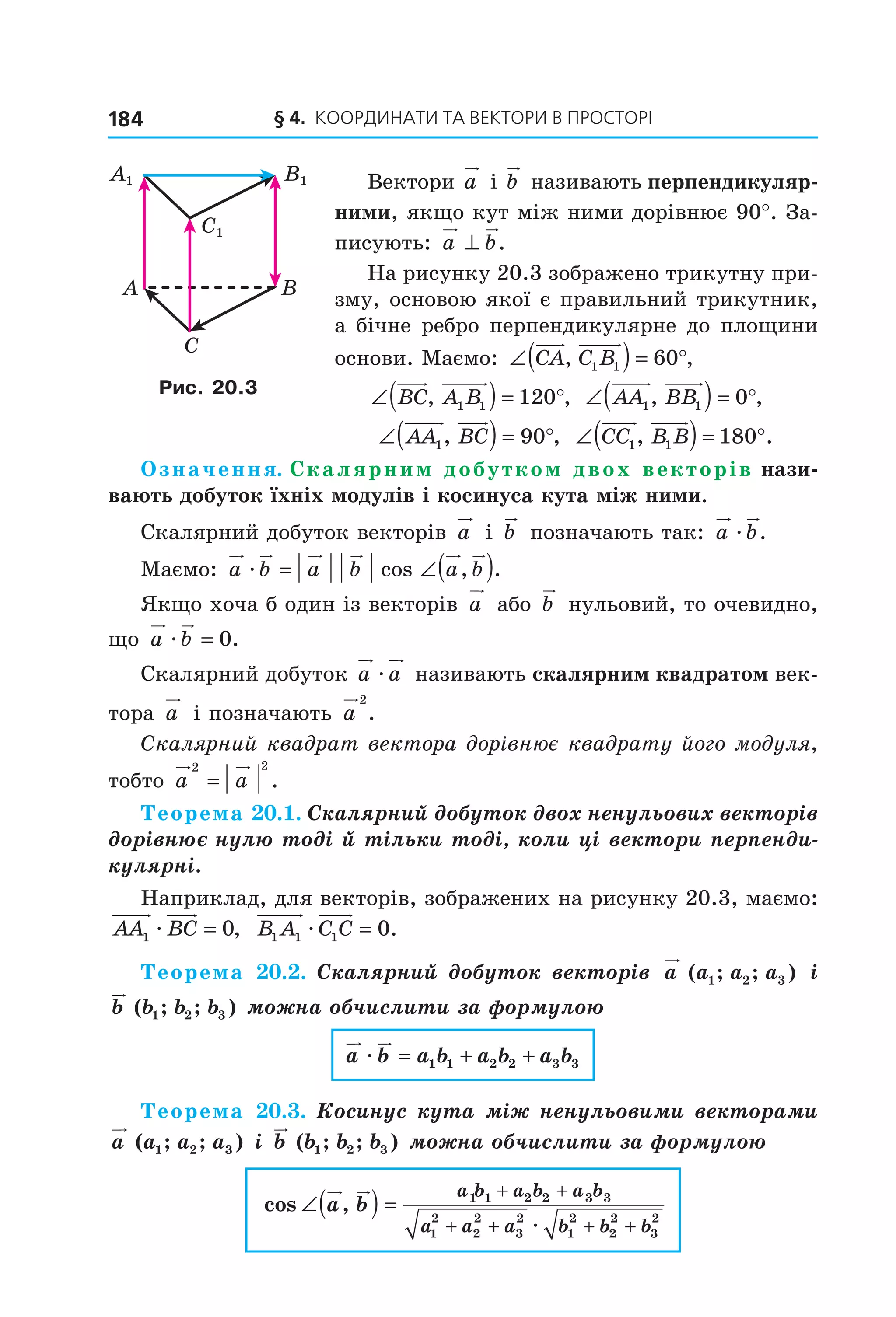 § 4.  Координати та веКтори в просторі184
Вектори a  і b  називають перпендикуляр-
ними, якщо кут між ними дорівнює 90°. За­
писують:  a b⊥ .
На рисунку 20.3 зображено трикутну при­
зму, основою якої є правильний трикутник, 
а бічне ребро перпендикулярне до площини 
основи. Маємо:  ∠( ) = °CA C B, ,1 1 60  
∠( ) = °BC A B, ,1 1 120   ∠( ) = °AA BB1 1 0, ,
  ∠( ) = °AA BC1 90, ,   ∠( ) = °CC B B1 1 180, .
Означення. Скалярним добутком двох векторів нази-
вають добуток їхніх модулів і косинуса кута між ними.
Скалярний добуток векторів  a  і  b  позначають так:  a bæ .
Маємо:  a b a b a bæ = ∠( )cos , .
Якщо хоча б один із векторів  a  або  b  нульовий, то очевидно, 
що  a bæ = 0.
Скалярний добуток a aæ  називають скалярним квадратом век­
тора  a  і позначають  a
2
.
Скалярний квадрат вектора дорівнює квадрату його модуля, 
тобто  a a
2 2
= .
Теорема 20.1. Скалярний добуток двох ненульових векторів
дорівнює нулю тоді й тільки тоді, коли ці вектори перпенди-
кулярні.
Наприклад, для векторів, зображених на рисунку 20.3, маємо: 
AA BC1 0æ = ,   B A C C1 1 1 0æ = .
Теорема 20.2. Скалярний добуток векторів a a a a( ; ; )1 2 3 і
b b b b( ; ; )1 2 3 можна обчислити за формулою
a b a b a b a bæ = + +1 1 2 2 3 3
Теорема 20.3. Косинус кута між ненульовими векторами
a a a a( ; ; )1 2 3 і b b b b( ; ; )1 2 3 можна обчислити за формулою
cos ,∠( ) =
+ +
+ + + +
a b
a b a b a b
a a a b b b
1 1 2 2 3 3
1
2
2
2
3
2
1
2
2
2
3
2
æ
A B
C
C1
A1 B1
Рис. 20.3
Право для безоплатного розміщення підручника в мережі Інтернет має
Міністерство освіти і науки України http://mon.gov.ua/ та Інститут модернізації змісту освіти https://imzo.gov.ua
 