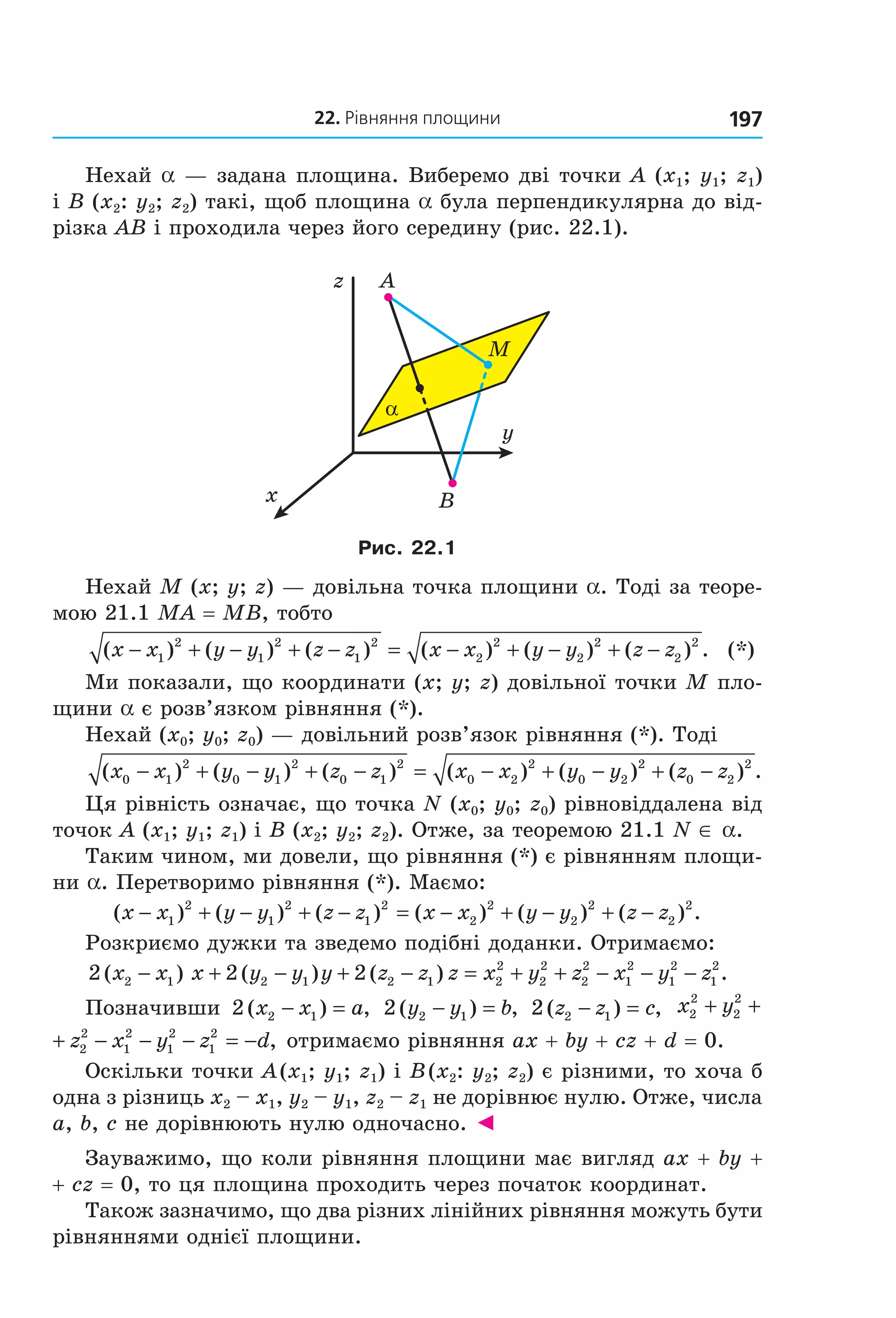 22. Рівняння площини 197
Нехай a — задана площина. Виберемо дві точки A (x1; y1; z1)
і B (x2: y2; z2) такі, щоб площина a була перпендикулярна до від-
різка AB і проходила через його середину (рис. 22.1).
B
M
A
α
z
y
x
Рис. 22.1
Нехай M (x; y; z) — довільна точка площини a. Тоді за теоре-
мою 21.1 MA = MB, тобто
( ) ( ) ( ) ( ) ( ) ( ) .x x y y z z x x y y z z− + − + − = − + − + −1
2
1
2
1
2
2
2
2
2
2
2
(*)
Ми показали, що координати (x; y; z) довільної точки M пло-
щини a є розв’язком рівняння (*).
Нехай (x0; y0; z0) — довільний розв’язок рівняння (*). Тоді
( ) ( ) ( ) ( ) ( ) ( ) .x x y y z z x x y y z z0 1
2
0 1
2
0 1
2
0 2
2
0 2
2
0 2
2
− + − + − = − + − + −
Ця рівність означає, що точка N (x0; y0; z0) рівновіддалена від
точок A (x1; y1; z1) і B (x2; y2; z2). Отже, за теоремою 21.1 N ∈ a.
Таким чином, ми довели, що рівняння (*) є рівнянням площи-
ни a. Перетворимо рівняння (*). Маємо:
( ) ( ) ( ) ( ) ( ) ( ) .x x y y z z x x y y z z− + − + − = − + − + −1
2
1
2
1
2
2
2
2
2
2
2
Розкриємо дужки та зведемо подібні доданки. Отримаємо:
2 2 22 1 2 1 2 1 2
2
2
2
2
2
1
2
1
2
1
2
( ) ( ) ( ) .x x x y y y z z z x y z x y z− + − + − = + + − − −
Позначивши 2 2 1( ) ,x x a− = 2 2 1( ) ,y y b− = 2 2 1( ) ,z z c− = x y2
2
2
2
+ +
+ − − − = −z x y z d2
2
1
2
1
2
1
2
, отримаємо рівняння ax + by + cz + d = 0.
Оскільки точки A(x1; y1; z1) і B(x2: y2; z2) є різними, то хоча б
одна з різниць x2 – x1, y2 – y1, z2 – z1 не дорівнює нулю. Отже, числа
a, b, c не дорівнюють нулю одночасно. ◄
Зауважимо, що коли рівняння площини має вигляд ax + by +
+ cz = 0, то ця площина проходить через початок координат.
Також зазначимо, що два різних лінійних рівняння можуть бути
рівняннями однієї площини.
Право для безоплатного розміщення підручника в мережі Інтернет має
Міністерство освіти і науки України http://mon.gov.ua/ та Інститут модернізації змісту освіти https://imzo.gov.ua
 