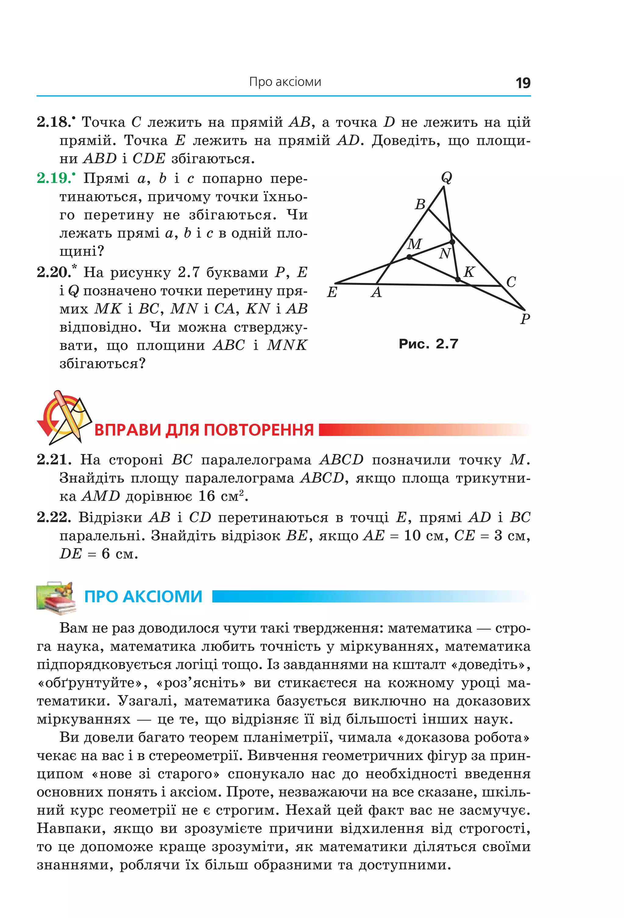 19Про аксіоми
2.18.•
Точка C лежить на прямій AB, а точка D не лежить на цій
прямій. Точка E лежить на прямій AD. Доведіть, що площи-
ни ABD і CDE збігаються.
2.19.•
Прямі a, b і c попарно пере-
тинаються, причому точки їхньо-
го перетину не збігаються. Чи
лежать прямі a, b і c в одній пло-
щині?
2.20.*
На рисунку 2.7 буквами P, E
і Q позначено точки перетину пря-
мих MK і BC, MN і CA, KN і AB
відповідно. Чи можна стверджу-
вати, що площини ABC і MNK
збігаються?
ВпраВи дЛя поВторення
2.21. На стороні BC паралелограма ABCD позначили точку M.
Знайдіть площу паралелограма ABCD, якщо площа трикутни-
ка AMD дорівнює 16 см2
.
2.22. Відрізки AB і CD перетинаються в точці E, прямі AD і BC
паралельні. Знайдіть відрізок BE, якщо AE = 10 см, CE = 3 см,
DE = 6 см.
про аксіоми
Вам не раз доводилося чути такі твердження: математика — стро-
га наука, математика любить точність у міркуваннях, математика
підпорядковується логіці тощо. Із завданнями на кшталт «доведіть»,
«обґрунтуйте», «роз’ясніть» ви стикаєтеся на кожному уроці ма-
тематики. Узагалі, математика базується виключно на доказових
міркуваннях — це те, що відрізняє її від більшості інших наук.
Ви довели багато теорем планіметрії, чимала «доказова робота»
чекає на вас і в стереометрії. Вивчення геометричних фігур за прин-
ципом «нове зі старого» спонукало нас до необхідності введення
основних понять і аксіом. Проте, незважаючи на все сказане, шкіль-
ний курс геометрії не є строгим. Нехай цей факт вас не засмучує.
Навпаки, якщо ви зрозумієте причини відхилення від строгості,
то це допоможе краще зрозуміти, як математики діляться своїми
знаннями, роблячи їх більш образними та доступними.
B
A
C
P
K
N
E
M
Q
Рис. 2.7
Право для безоплатного розміщення підручника в мережі Інтернет має
Міністерство освіти і науки України http://mon.gov.ua/ та Інститут модернізації змісту освіти https://imzo.gov.ua
 