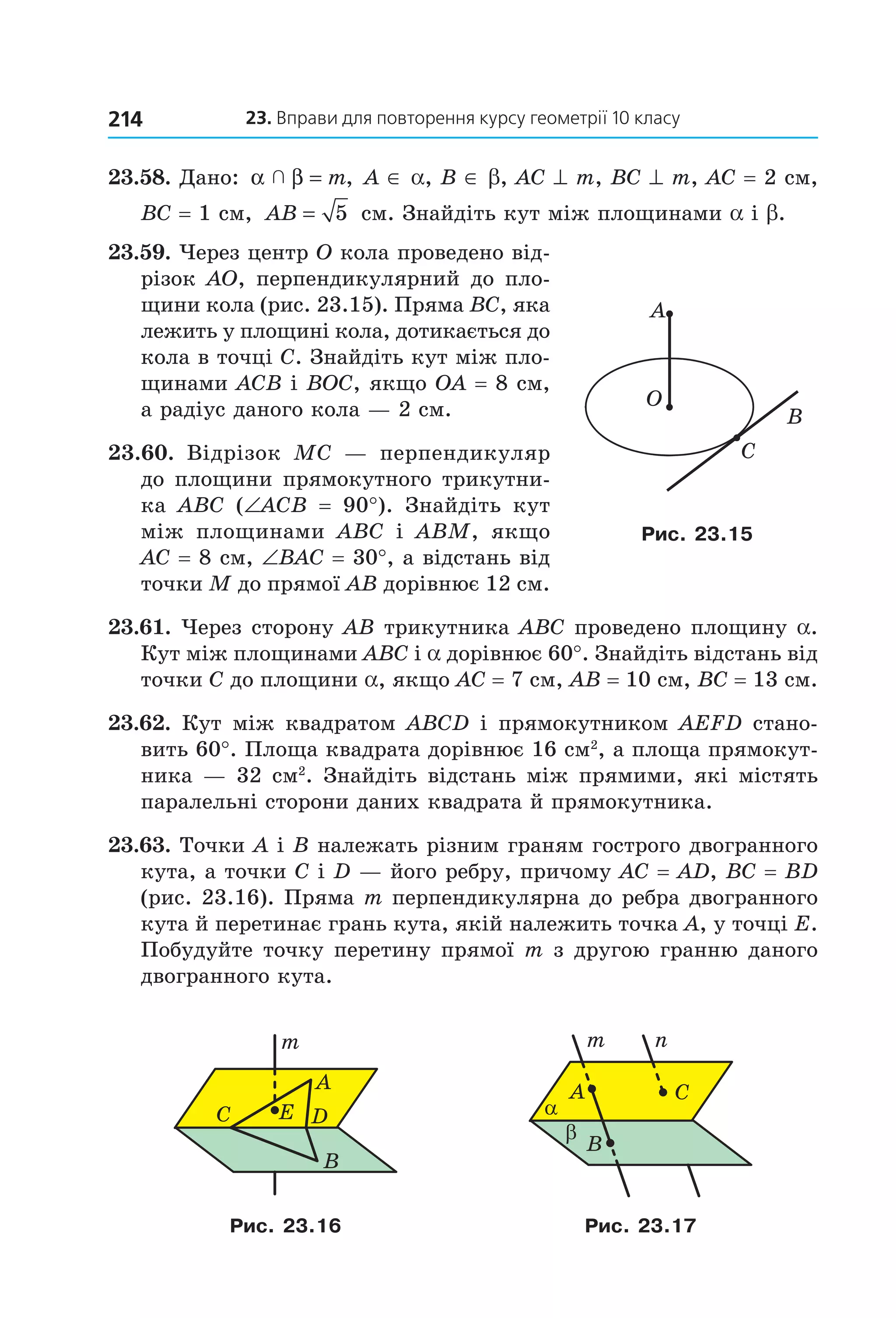23. вправи для повторення курсу геометрії 10 класу214
23.58. Дано:  α β  = m, A ∈ a, B ∈ b, AC ^ m, BC ^ m, AC = 2 см, 
BC = 1 см,  AB = 5  см. Знайдіть кут між площинами a і b.
23.59. Через центр O кола проведено від­
різок AO, перпендикулярний до пло­
щини кола (рис. 23.15). Пряма BC, яка 
лежить у площині кола, дотикається до 
кола в точці C. Знайдіть кут між пло­
щинами AСB і BOC, якщо OA = 8 см, 
а радіус даного кола — 2 см.
23.60.  Відрізок  MC  —  перпендикуляр 
до площини прямокутного трикутни­
ка  ABC  (∠ACB  =  90°).  Знайдіть  кут 
між  площинами  ABC  і  ABM,  якщо 
AC = 8 см, ∠BAC = 30°, а відстань від 
точки M до прямої AB дорівнює 12 см. 
23.61. Через сторону AB трикутника ABC проведено площину a. 
Кут між площинами ABC і a дорівнює 60°. Знайдіть відстань від 
точки C до площини a, якщо AC = 7 см, AB = 10 см, BC = 13 см. 
23.62. Кут між квадратом  ABCD і прямокутником AEFD стано­
вить 60°. Площа квадрата дорівнює 16 см2
, а площа прямокут­
ника — 32 см2
. Знайдіть відстань між прямими, які містять 
паралельні сторони даних квадрата й прямокутника.
23.63. Точки A і B належать різним граням гострого двогранного 
кута, а точки C і D — його ребру, причому AC = AD, BC = BD 
(рис. 23.16). Пряма m перпендикулярна до ребра двогранного 
кута й перетинає грань кута, якій належить точка A, у точці E. 
Побудуйте точку перетину прямої m з другою гранню даного 
двогранного кута. 
A
C D
B
m
E
A C
B
m n
α
β
Рис. 23.16 Рис. 23.17
B
A
C
O
Рис. 23.15
Право для безоплатного розміщення підручника в мережі Інтернет має
Міністерство освіти і науки України http://mon.gov.ua/ та Інститут модернізації змісту освіти https://imzo.gov.ua
 