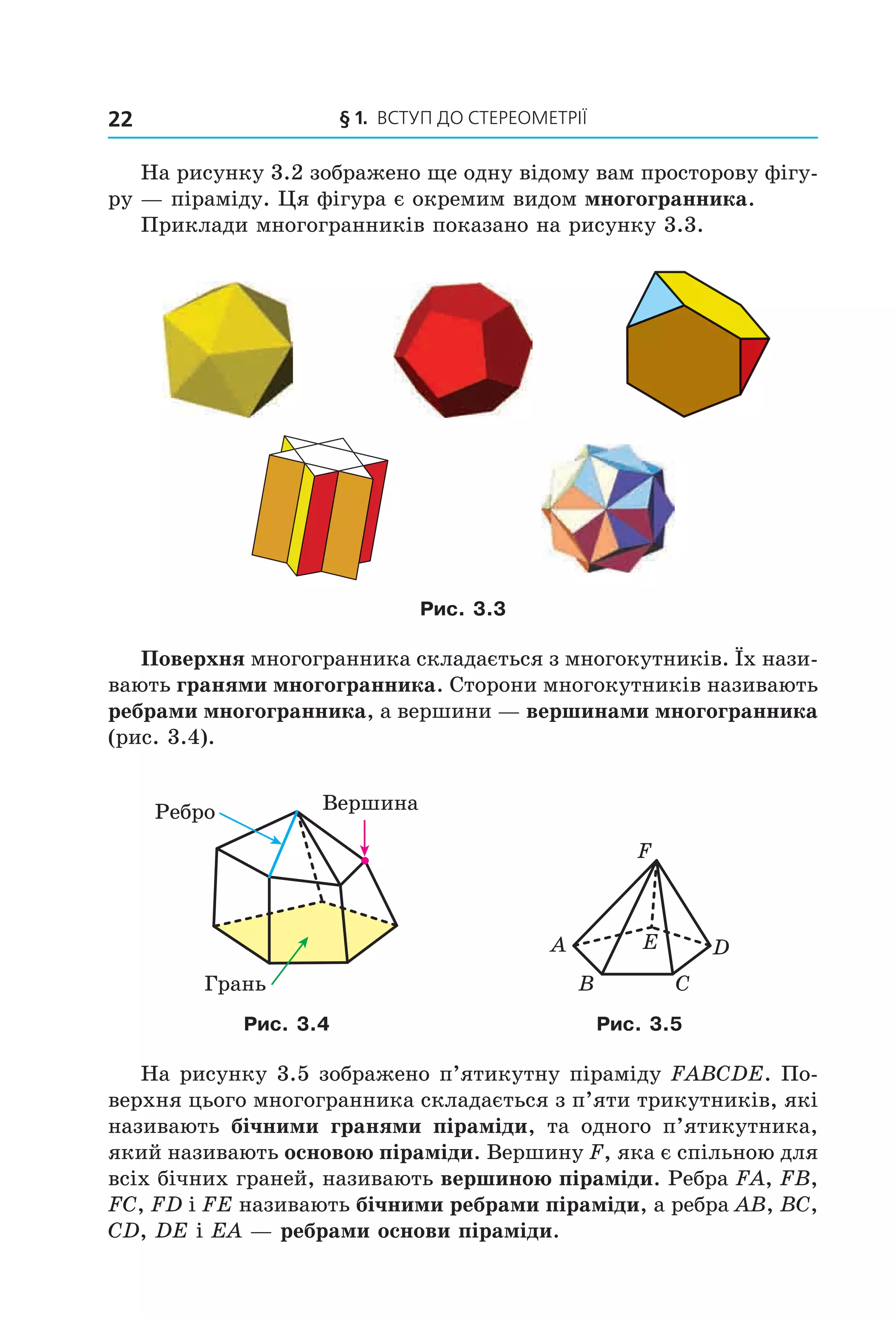 § 1. ВСтУП ДО СтереОМетрії22
На рисунку 3.2 зображено ще одну відому вам просторову фігу-
ру — піраміду. Ця фігура є окремим видом многогранника.
Приклади многогранників показано на рисунку 3.3.
Рис. 3.3
Поверхня многогранника складається з многокутників. Їх нази-
вають гранями многогранника. Сторони многокутників називають
ребрами многогранника, а вершини — вершинами многогранника
(рис. 3.4).
Âåðøèíà
Ãðàíü
Ðåáðî
B
A
C
DE
F
Рис. 3.4 Рис. 3.5
На рисунку 3.5 зображено п’ятикутну піраміду FABCDE. По-
верхня цього многогранника складається з п’яти трикутників, які
називають бічними гранями піраміди, та одного п’ятикутника,
який називають основою піраміди. Вершину F, яка є спільною для
всіх бічних граней, називають вершиною піраміди. Ребра FA, FB,
FC, FD і FE називають бічними ребрами піраміди, а ребра АВ, ВС,
СD, DE і ЕА — ребрами основи піраміди.
Право для безоплатного розміщення підручника в мережі Інтернет має
Міністерство освіти і науки України http://mon.gov.ua/ та Інститут модернізації змісту освіти https://imzo.gov.ua
 