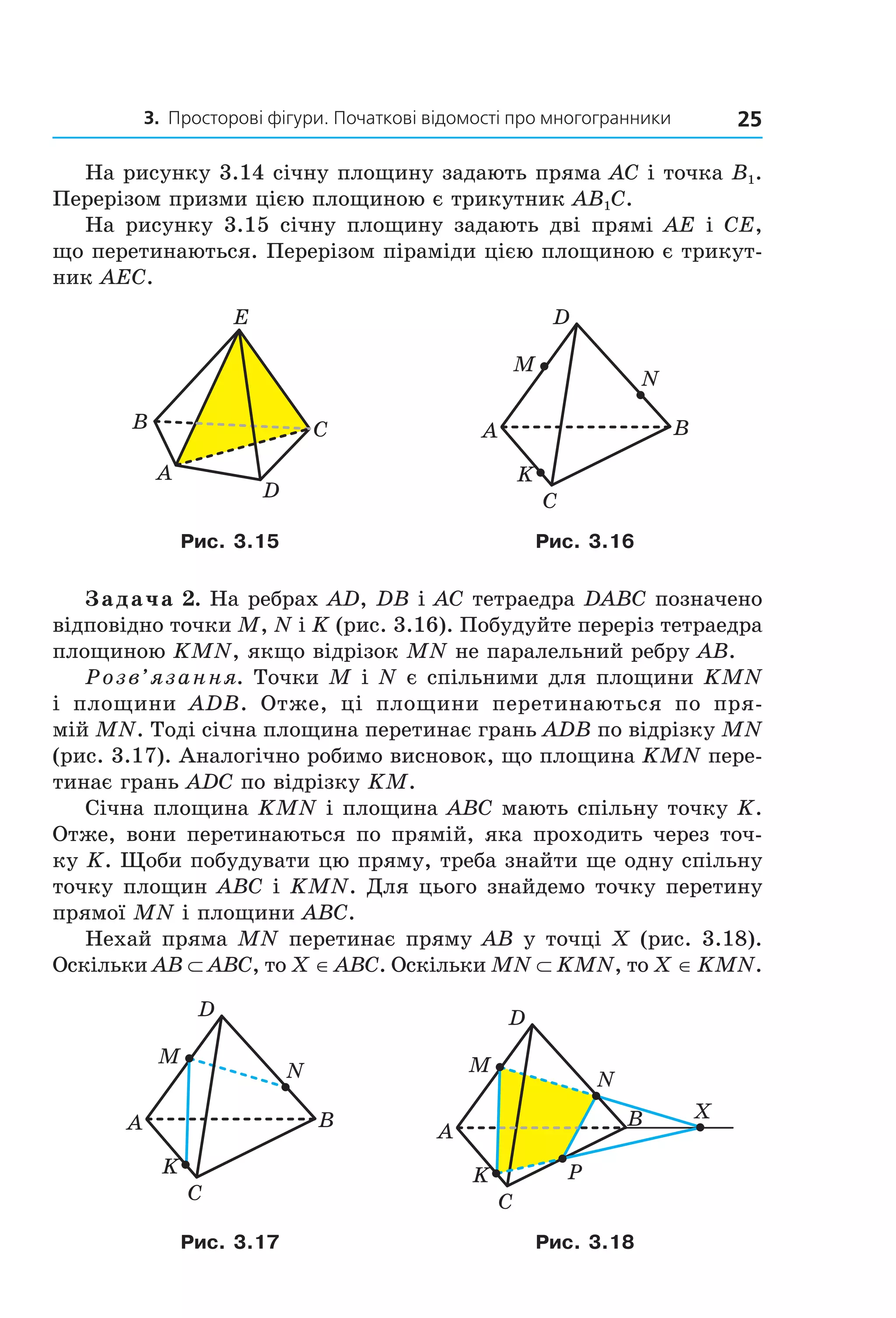 3. Просторові фігури. Початкові відомості про многогранники 25
На рисунку 3.14 січну площину задають пряма AC і точка B1.
Перерізом призми цією площиною є трикутник AB1C.
На рисунку 3.15 січну площину задають дві прямі AE і CE,
що перетинаються. Перерізом піраміди цією площиною є трикут-
ник AEC.
A
CB
D
E
A
C
D
M
K
N
B
Рис. 3.15 Рис. 3.16
Задача 2. На ребрах AD, DB і AC тетраедра DABC позначено
відповідно точки M, N і K (рис. 3.16). Побудуйте переріз тетраедра
площиною KMN, якщо відрізок MN не паралельний ребру AB.
Розв’язання. Точки M і N є спільними для площини KMN
і площини ADB. Отже, ці площини перетинаються по пря-
мій MN. Тоді січна площина перетинає грань ADB по відрізку MN
(рис. 3.17). Аналогічно робимо висновок, що площина KMN пере-
тинає грань ADC по відрізку KM.
Січна площина KMN і площина ABC мають спільну точку K.
Отже, вони перетинаються по прямій, яка проходить через точ-
ку K. Щоби побудувати цю пряму, треба знайти ще одну спільну
точку площин ABC і KMN. Для цього знайдемо точку перетину
прямої MN і площини ABC.
Нехай пряма MN перетинає пряму AB у точці X (рис. 3.18).
Оскільки AB ⊂ ABC, то X ∈ ABC. Оскільки MN ⊂ KMN, то X ∈ KMN.
A
C
D
M
K
N
B
A
C
D
M
K
N
B
P
X
Рис. 3.17 Рис. 3.18
Право для безоплатного розміщення підручника в мережі Інтернет має
Міністерство освіти і науки України http://mon.gov.ua/ та Інститут модернізації змісту освіти https://imzo.gov.ua
 