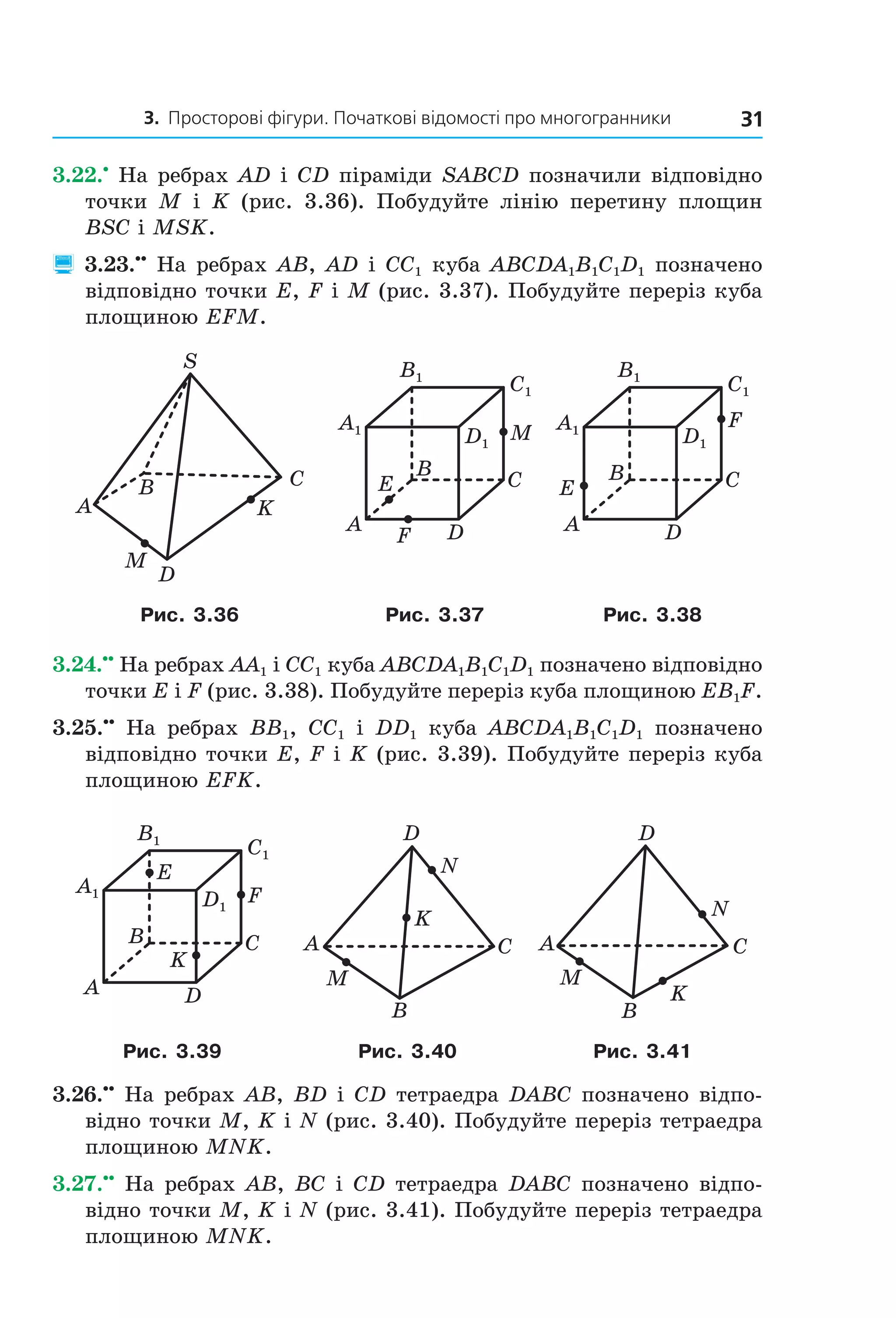 3. Просторові фігури. Початкові відомості про многогранники 31
3.22.•
На ребрах AD і CD піраміди SABCD позначили відповідно
точки M і K (рис. 3.36). Побудуйте лінію перетину площин
BSC і MSK.
 3.23.••
На ребрах AB, AD і СС1 куба ABCDA1B1C1D1 позначено
відповідно точки Е, F і М (рис. 3.37). Побудуйте переріз куба
площиною EFM.
M
C
A
S
D
B
K
B
A
C
D
M
E
F
A1
B1
C1
D1
B
A
C
D
F
E
A1
B1
C1
D1
Рис. 3.36 Рис. 3.37 Рис. 3.38
3.24.••
На ребрах AA1 і CC1 куба ABCDA1B1C1D1 позначено відповідно
точки E і F (рис. 3.38). Побудуйте переріз куба площиною EB1F.
3.25.••
На ребрах BB1, CC1 і DD1 куба ABCDA1B1C1D1 позначено
відповідно точки E, F і K (рис. 3.39). Побудуйте переріз куба
площиною EFK.
B
A
C
D
K
F
E
A1
B1
C1
D1
M
K
N
A C
B
D
A C
B
D
M
K
N
Рис. 3.39 Рис. 3.40 Рис. 3.41
3.26.••
На ребрах AB, BD і CD тетраедра DABC позначено відпо-
відно точки M, K і N (рис. 3.40). Побудуйте переріз тетраедра
площиною MNK.
3.27.••
На ребрах AB, BC і CD тетраедра DABC позначено відпо-
відно точки M, K і N (рис. 3.41). Побудуйте переріз тетраедра
площиною MNK.
Право для безоплатного розміщення підручника в мережі Інтернет має
Міністерство освіти і науки України http://mon.gov.ua/ та Інститут модернізації змісту освіти https://imzo.gov.ua
 