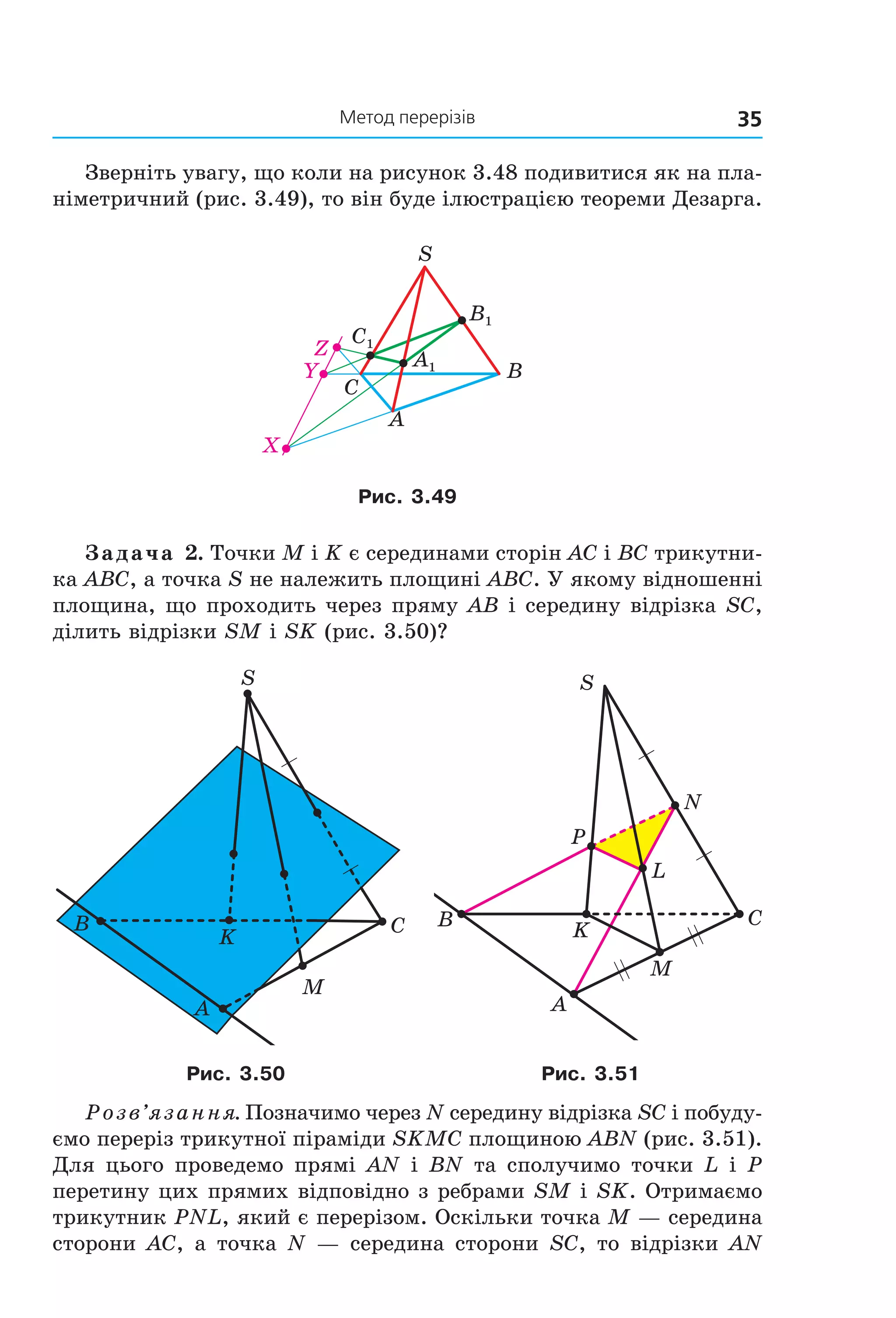 35Метод перерізів
Зверніть увагу, що коли на рисунок 3.48 подивитися як на пла-
німетричний (рис. 3.49), то він буде ілюстрацією теореми Дезарга.
A
C
S
X
B
Z
Y
B1
Ñ1
À1
Рис. 3.49
Задача 2. Точки M і K є серединами сторін AC і BC трикутни-
ка ABC, а точка S не належить площині ABC. У якому відношенні
площина, що проходить через пряму AB і середину відрізка SC,
ділить відрізки SM і SK (рис. 3.50)?
A
C
S
B
M
K
A
C
S
B
M
K
N
P
L
Рис. 3.50 Рис. 3.51
Розв’язання. Позначимо через N середину відрізка SC і побуду-
ємо переріз трикутної піраміди SKMC площиною ABN (рис. 3.51).
Для цього проведемо прямі AN і BN та сполучимо точки L і P
перетину цих прямих відповідно з ребрами SМ і SK. Отримаємо
трикутник PNL, який є перерізом. Оскільки точка M — середина
сторони AC, а точка N — середина сторони SC, то відрізки AN
Право для безоплатного розміщення підручника в мережі Інтернет має
Міністерство освіти і науки України http://mon.gov.ua/ та Інститут модернізації змісту освіти https://imzo.gov.ua
 