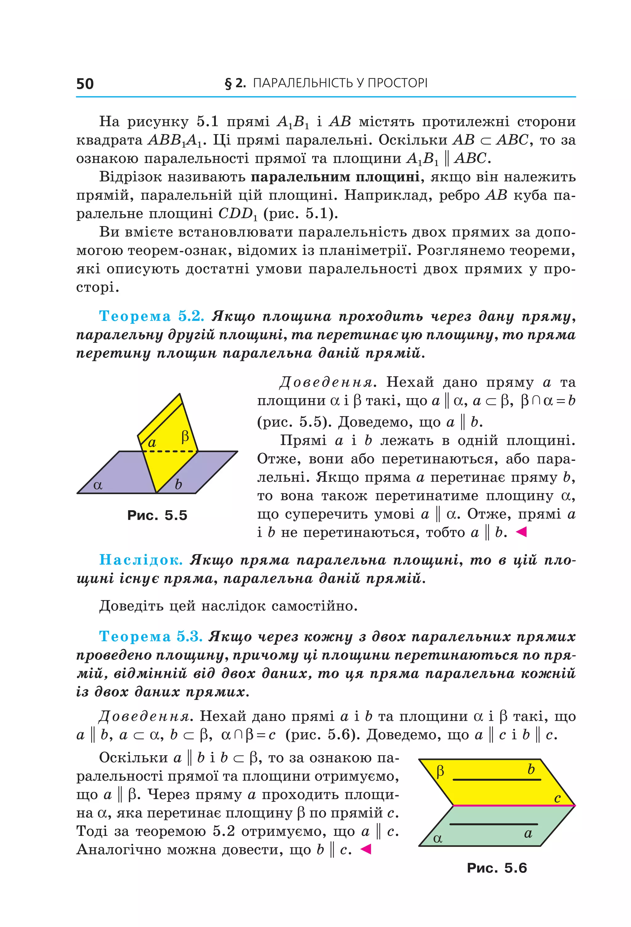§ 2. ПАрАлельНіСть У ПрОСтОрі50
На рисунку 5.1 прямі A1B1 і AB містять протилежні сторони
квадрата ABB1A1. Ці прямі паралельні. Оскільки AB ⊂ ABC, то за
ознакою паралельності прямої та площини A1B1 || ABC.
Відрізок називають паралельним площині, якщо він належить
прямій, паралельній цій площині. Наприклад, ребро AB куба па-
ралельне площині CDD1 (рис. 5.1).
Ви вмієте встановлювати паралельність двох прямих за допо-
могою теорем-ознак, відомих із планіметрії. Розглянемо теореми,
які описують достатні умови паралельності двох прямих у про-
сторі.
Теорема 5.2. Якщо площина проходить через дану пряму,
паралельну другій площині, та перетинає цю площину, то пряма
перетину площин паралельна даній прямій.
Доведення. Нехай дано пряму a та
площини a і b такі, що a || a, a ⊂ b, β α  = b
(рис. 5.5). Доведемо, що a || b.
Прямі a і b лежать в одній площині.
Отже, вони або перетинаються, або пара-
лельні. Якщо пряма a перетинає пряму b,
то вона також перетинатиме площину a,
що суперечить умові a || a. Отже, прямі a
і b не перетинаються, тобто a || b. ◄
Наслідок. Якщо пряма паралельна площині, то в цій пло-
щині існує пряма, паралельна даній прямій.
Доведіть цей наслідок самостійно.
Теорема 5.3. Якщо через кожну з двох паралельних прямих
проведено площину, причому ці площини перетинаються по пря-
мій, відмінній від двох даних, то ця пряма паралельна кожній
із двох даних прямих.
Доведення. Нехай дано прямі a і b та площини a і b такі, що
a || b, a ⊂ a, b ⊂ b, α β  = c (рис. 5.6). Доведемо, що a || c і b || c.
Оскільки a || b і b ⊂ b, то за ознакою па-
ралельності прямої та площини отримуємо,
що a || b. Через пряму a проходить площи-
на a, яка перетинає площину b по прямій c.
Тоді за теоремою 5.2 отримуємо, що a || c.
Аналогічно можна довести, що b || c. ◄
α
βa
b
Рис. 5.5
α
β
c
b
a
Рис. 5.6
Право для безоплатного розміщення підручника в мережі Інтернет має
Міністерство освіти і науки України http://mon.gov.ua/ та Інститут модернізації змісту освіти https://imzo.gov.ua
 