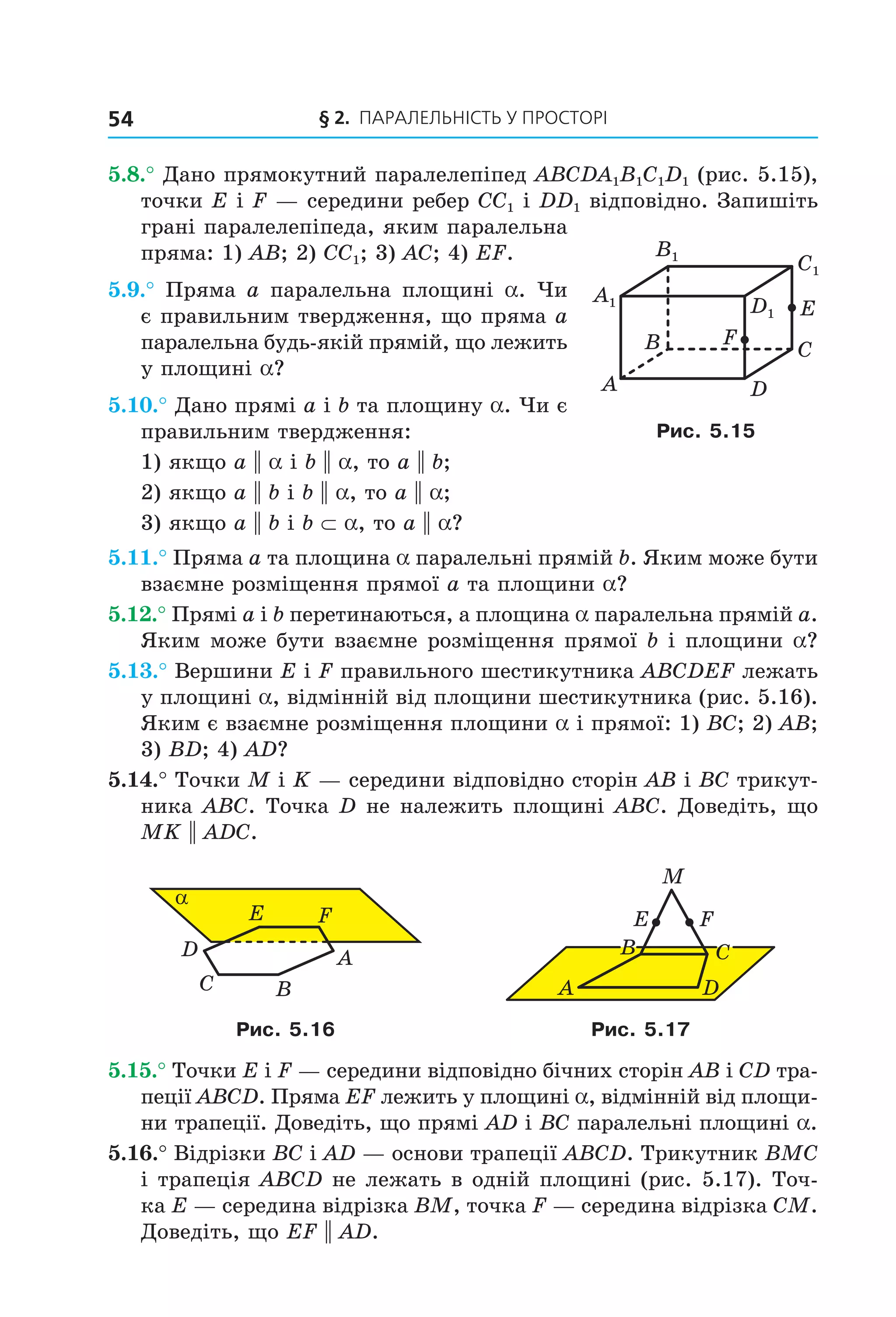 § 2. ПАрАлельНіСть У ПрОСтОрі54
5.8.° Дано прямокутний паралелепіпед ABCDA1B1C1D1 (рис. 5.15),
точки E і F — середини ребер CC1 і DD1 відповідно. Запишіть
грані паралелепіпеда, яким паралельна
пряма: 1) AB; 2) CC1; 3) AC; 4) EF.
5.9.° Пряма a паралельна площині a. Чи
є правильним твердження, що пряма a
паралельна будь-якій прямій, що лежить
у площині a?
5.10.° Дано прямі а і b та площину a. Чи є
правильним твердження:
1) якщо a || a і b || a, то a || b;
2) якщо a || b і b || a, то a || a;
3) якщо a || b і b ⊂ a, то a || a?
5.11.° Пряма a та площина a паралельні прямій b. Яким може бути
взаємне розміщення прямої a та площини a?
5.12.° Прямі a і b перетинаються, а площина a паралельна прямій a.
Яким може бути взаємне розміщення прямої b і площини a?
5.13.° Вершини E і F правильного шестикутника ABCDEF лежать
у площині a, відмінній від площини шестикутника (рис. 5.16).
Яким є взаємне розміщення площини a і прямої: 1) BC; 2) AB;
3) BD; 4) AD?
5.14.° Точки M і K — середини відповідно сторін AB і BC трикут-
ника ABC. Точка D не належить площині ABC. Доведіть, що
MK || ADC.
B
A
C
D
E F
α
B
A
C
D
E F
M
Рис. 5.16 Рис. 5.17
5.15.° Точки E і F — середини відповідно бічних сторін AB і CD тра-
пеції ABCD. Пряма EF лежить у площині a, відмінній від площи-
ни трапеції. Доведіть, що прямі AD і BC паралельні площині a.
5.16.° Відрізки BC і AD — основи трапеції ABCD. Трикутник BMC
і трапеція ABCD не лежать в одній площині (рис. 5.17). Точ-
ка E — середина відрізка BM, точка F — середина відрізка CM.
Доведіть, що EF || AD.
A1
B1
C1
D1
B
A
C
D
E
F
Рис. 5.15
Право для безоплатного розміщення підручника в мережі Інтернет має
Міністерство освіти і науки України http://mon.gov.ua/ та Інститут модернізації змісту освіти https://imzo.gov.ua
 