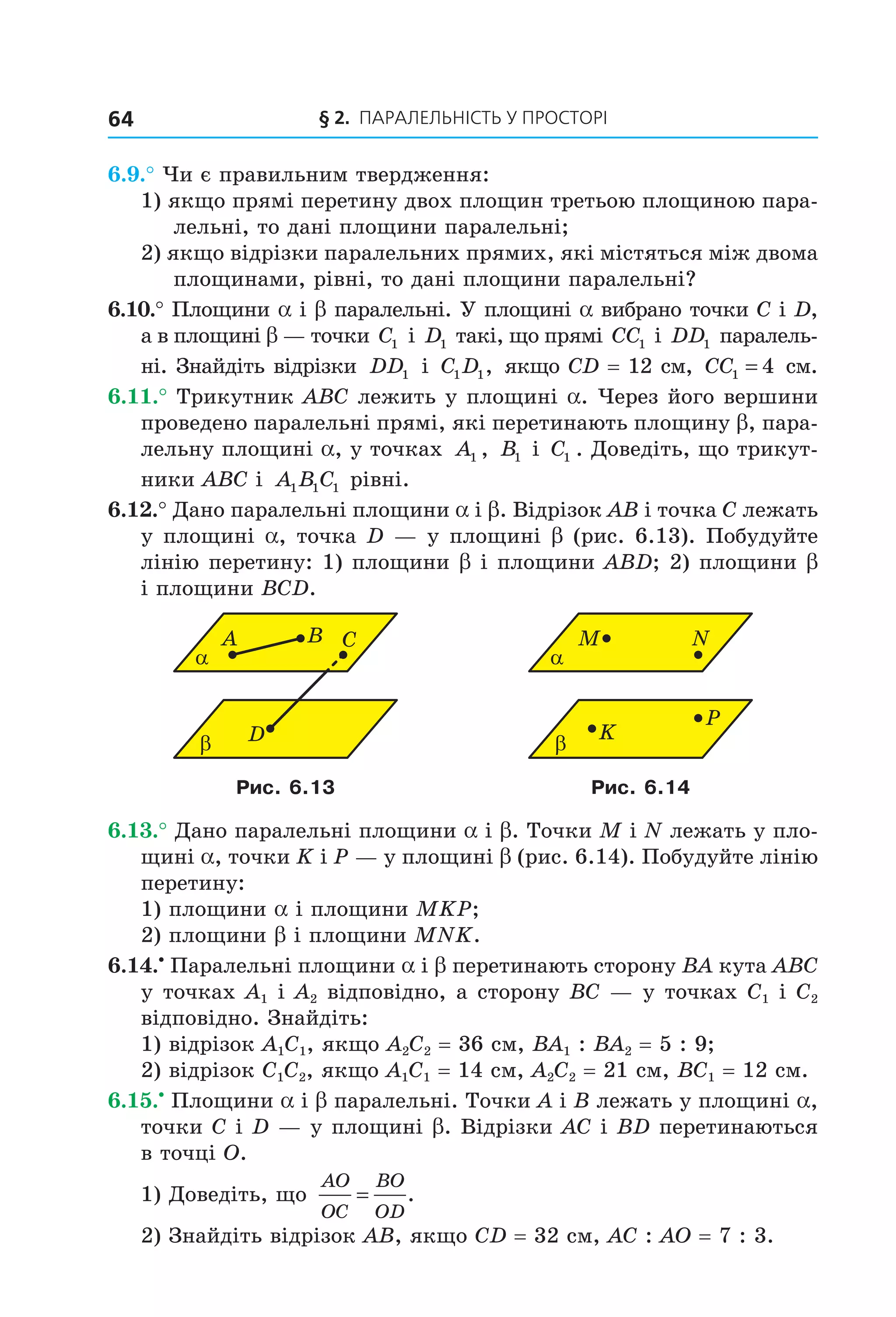 § 2. ПАрАлельНіСть У ПрОСтОрі64
6.9.° Чи є правильним твердження:
1) якщо прямі перетину двох площин третьою площиною пара-
лельні, то дані площини паралельні;
2) якщо відрізки паралельних прямих, які містяться між двома
площинами, рівні, то дані площини паралельні?
6.10.° Площини a і b паралельні. У площині a вибрано точки C і D,
а в площині b — точки C1 і D1 такі, що прямі CC1 і DD1 паралель-
ні. Знайдіть відрізки DD1 і C D1 1, якщо CD = 12 см, CC1 4= см.
6.11.° Трикутник ABC лежить у площині a. Через його вершини
проведено паралельні прямі, які перетинають площину b, пара-
лельну площині a, у точках A1 , B1 і C1 . Доведіть, що трикут-
ники ABC і A B C1 1 1 рівні.
6.12.° Дано паралельні площини a і b. Відрізок AB і точка C лежать
у площині a, точка D — у площині b (рис. 6.13). Побудуйте
лінію перетину: 1) площини b і площини ABD; 2) площини b
і площини BCD.
D
α
A
β
B C
K
α
M
β
N
P
Рис. 6.13 Рис. 6.14
6.13.° Дано паралельні площини a і b. Точки M і N лежать у пло-
щині a, точки K і P — у площині b (рис. 6.14). Побудуйте лінію
перетину:
1) площини a і площини MKP;
2) площини b і площини MNK.
6.14.•
Паралельні площини a і b перетинають сторону BA кута ABC
у точках A1 і A2 відповідно, а сторону BC — у точках C1 і C2
відповідно. Знайдіть:
1) відрізок A1C1, якщо A2C2 = 36 см, BA1 : BA2 = 5 : 9;
2) відрізок C1C2, якщо A1C1 = 14 см, A2C2 = 21 см, BC1 = 12 см.
6.15.•
Площини a і b паралельні. Точки A і B лежать у площині a,
точки C і D — у площині b. Відрізки AC і BD перетинаються
в точці O.
1) Доведіть, що
AO
OC
BO
OD
= .
2) Знайдіть відрізок AB, якщо CD = 32 см, AC : AO = 7 : 3.
Право для безоплатного розміщення підручника в мережі Інтернет має
Міністерство освіти і науки України http://mon.gov.ua/ та Інститут модернізації змісту освіти https://imzo.gov.ua
 