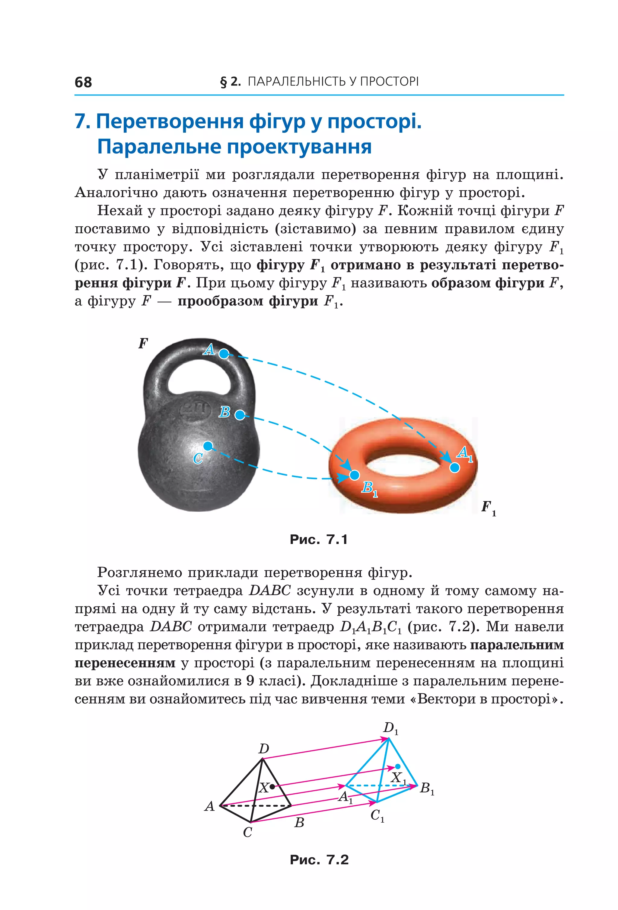 § 2. ПАрАлельНіСть У ПрОСтОрі68
7. перетворення фігур у просторі.
паралельне проектування
У планіметрії ми розглядали перетворення фігур на площині.
Аналогічно дають означення перетворенню фігур у просторі.
Нехай у просторі задано деяку фігуру F. Кожній точці фігури F
поставимо у відповідність (зіставимо) за певним правилом єдину
точку простору. Усі зіставлені точки утворюють деяку фігуру F1
(рис. 7.1). Говорять, що фігуру F1 отримано в результаті перетво-
рення фігури F. При цьому фігуру F1 називають образом фігури F,
а фігуру F — прообразом фігури F1.
F
F1
AA
A1
A1
BB
B1
B1
CC
Рис. 7.1
Розглянемо приклади перетворення фігур.
Усі точки тетраедра DABC зсунули в одному й тому самому на-
прямі на одну й ту саму відстань. У результаті такого перетворення
тетраедра DABC отримали тетраедр D1A1B1C1 (рис. 7.2). Ми навели
приклад перетворення фігури в просторі, яке називають паралельним
перенесенням у просторі (з паралельним перенесенням на площині
ви вже ознайомилися в 9 класі). Докладніше з паралельним перене-
сенням ви ознайомитесь під час вивчення теми «Вектори в просторі».
A
C
D
X
B
Ñ1
B1
D1
A1
X1
Рис. 7.2
Право для безоплатного розміщення підручника в мережі Інтернет має
Міністерство освіти і науки України http://mon.gov.ua/ та Інститут модернізації змісту освіти https://imzo.gov.ua
 