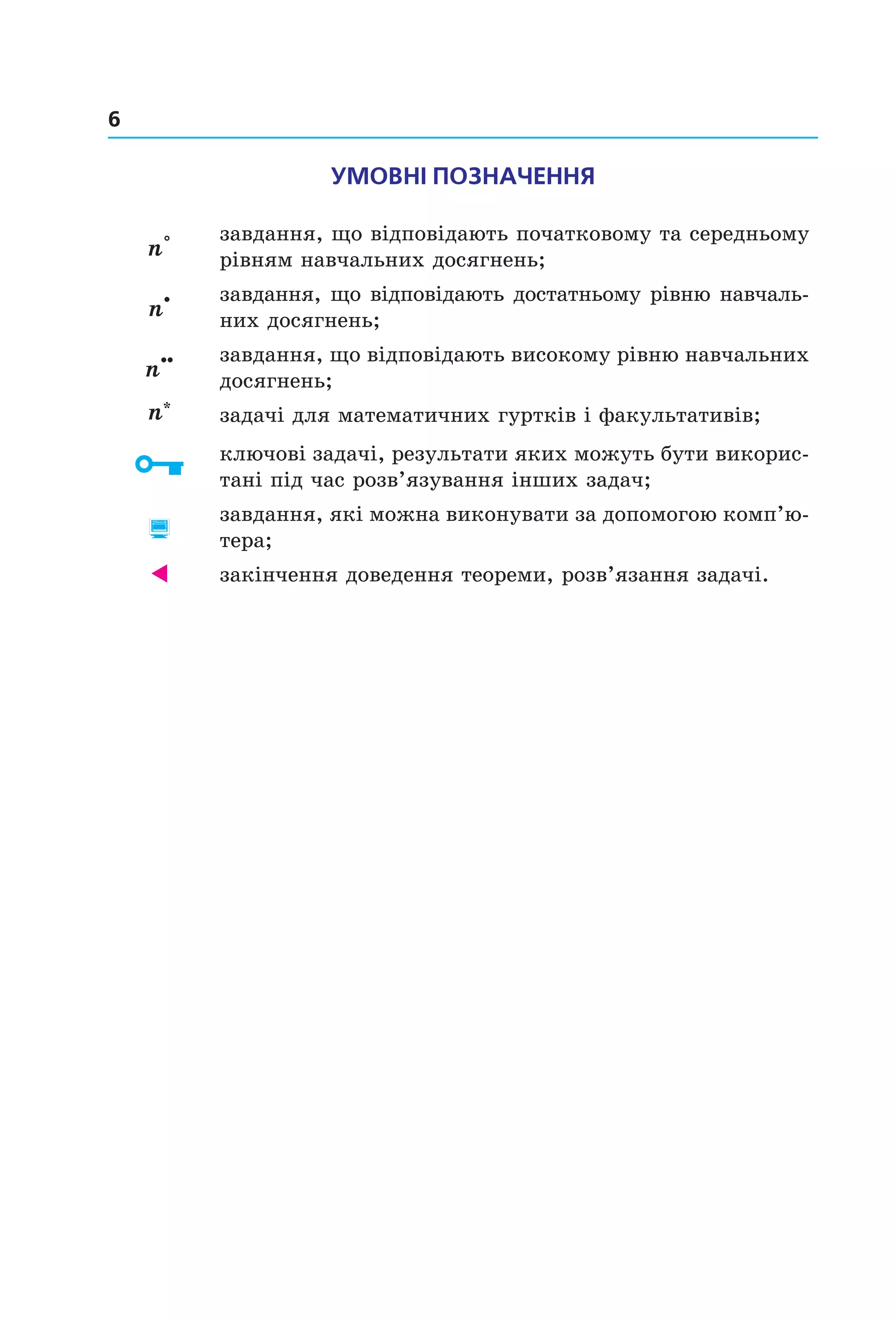 6
УмоВні позначення
n°
завдання, що відповідають початковому та середньому
рівням навчальних досягнень;
n
• завдання, що відповідають достатньому рівню навчаль-
них досягнень;
n
•• завдання, що відповідають високому рівню навчальних
досягнень;
n*
задачі для математичних гуртків і факультативів;
ключові задачі, результати яких можуть бути викорис-
тані під час розв’язування інших задач;

завдання, які можна виконувати за допомогою комп’ю-
тера;
 закінчення доведення теореми, розв’язання задачі.
Право для безоплатного розміщення підручника в мережі Інтернет має
Міністерство освіти і науки України http://mon.gov.ua/ та Інститут модернізації змісту освіти https://imzo.gov.ua
 