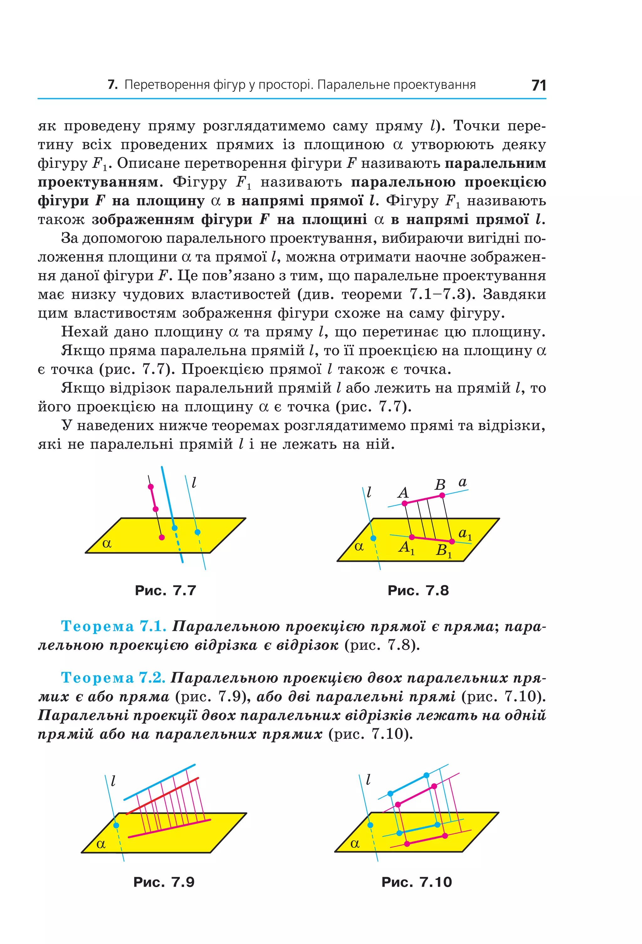 7. Перетворення фігур у просторі. Паралельне проектування 71
як проведену пряму розглядатимемо саму пряму l). Точки пере-
тину всіх проведених прямих із площиною a утворюють деяку
фігуру F1. Описане перетворення фігури F називають паралельним
проектуванням. Фігуру F1 називають паралельною проекцією
фігури F на площину a в напрямі прямої l. Фігуру F1 називають
також зображенням фігури F на площині a в напрямі прямої l.
За допомогою паралельного проектування, вибираючи вигідні по-
ложення площини a та прямої l, можна отримати наочне зображен-
ня даної фігури F. Це пов’язано з тим, що паралельне проектування
має низку чудових властивостей (див. теореми 7.1–7.3). Завдяки
цим властивостям зображення фігури схоже на саму фігуру.
Нехай дано площину a та пряму l, що перетинає цю площину.
Якщо пряма паралельна прямій l, то її проекцією на площину a
є точка (рис. 7.7). Проекцією прямої l також є точка.
Якщо відрізок паралельний прямій l або лежить на прямій l, то
його проекцією на площину a є точка (рис. 7.7).
У наведених нижче теоремах розглядатимемо прямі та відрізки,
які не паралельні прямій l і не лежать на ній.
l
α
l
α
a
A
B
A1 B1
a1
Рис. 7.7 Рис. 7.8
Теорема 7.1. Паралельною проекцією прямої є пряма; пара-
лельною проекцією відрізка є відрізок (рис. 7.8).
Теорема 7.2. Паралельною проекцією двох паралельних пря-
мих є або пряма (рис. 7.9), або дві паралельні прямі (рис. 7.10).
Паралельні проекції двох паралельних відрізків лежать на одній
прямій або на паралельних прямих (рис. 7.10).
l
α
l
α
Рис. 7.9 Рис. 7.10
Право для безоплатного розміщення підручника в мережі Інтернет має
Міністерство освіти і науки України http://mon.gov.ua/ та Інститут модернізації змісту освіти https://imzo.gov.ua
 