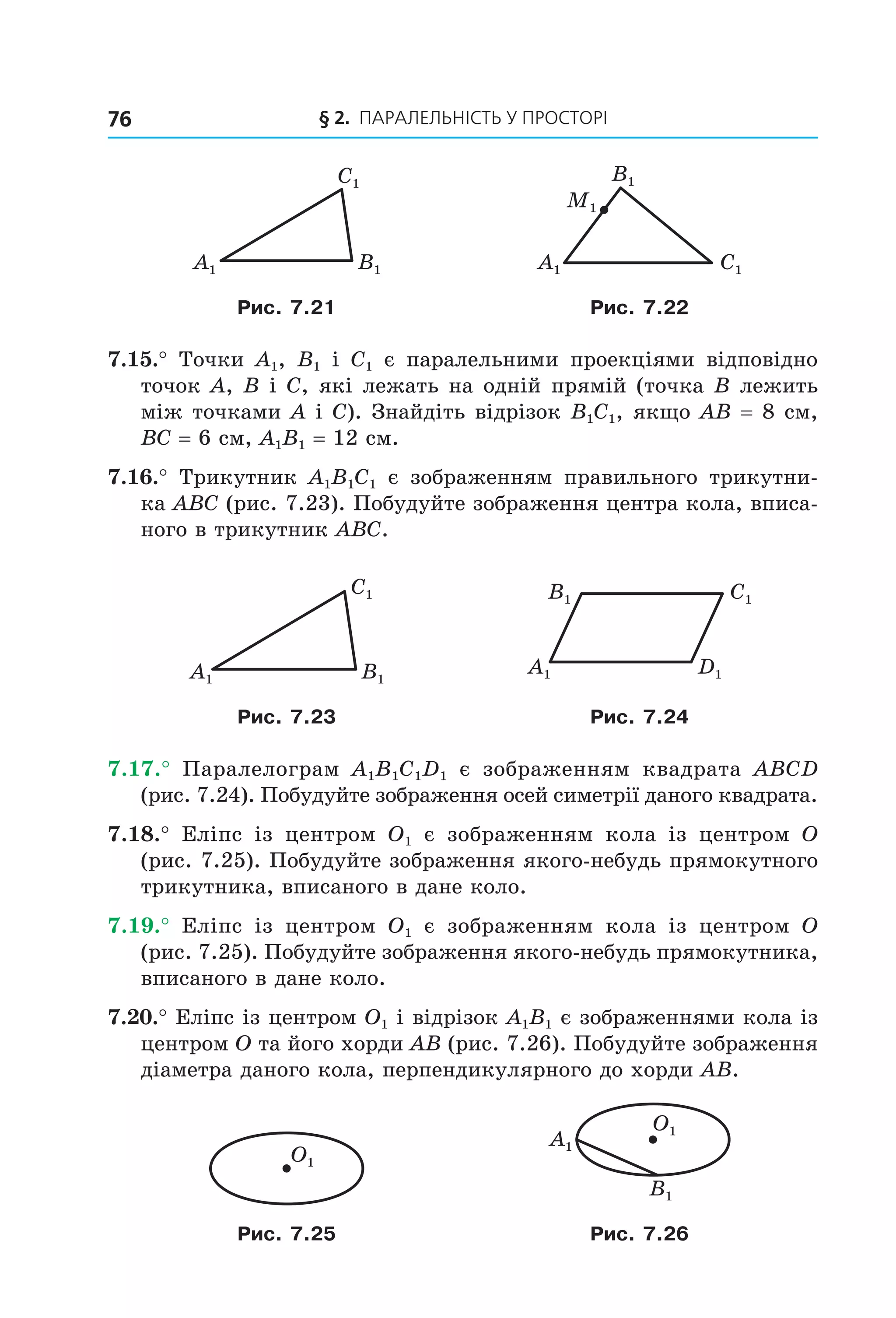 § 2. ПАрАлельНіСть У ПрОСтОрі76
C1
A1 B1 C1A1
B1
M1
Рис. 7.21 Рис. 7.22
7.15.° Точки A1, B1 і C1 є паралельними проекціями відповідно
точок A, B і C, які лежать на одній прямій (точка B лежить
між точками A і C). Знайдіть відрізок B1C1, якщо AB = 8 см,
BC = 6 см, A1B1 = 12 см.
7.16.° Трикутник A1B1C1 є зображенням правильного трикутни-
ка ABC (рис. 7.23). Побудуйте зображення центра кола, вписа-
ного в трикутник ABC.
C1
A1 B1
C1
D1A1
B1
Рис. 7.23 Рис. 7.24
7.17.° Паралелограм A1B1C1D1 є зображенням квадрата ABCD
(рис. 7.24). Побудуйте зображення осей симетрії даного квадрата.
7.18.° Еліпс із центром O1 є зображенням кола із центром O
(рис. 7.25). Побудуйте зображення якого-небудь прямокутного
трикутника, вписаного в дане коло.
7.19.° Еліпс із центром O1 є зображенням кола із центром O
(рис. 7.25). Побудуйте зображення якого-небудь прямокутника,
вписаного в дане коло.
7.20.° Еліпс із центром O1 і відрізок A1B1 є зображеннями кола із
центром O та його хорди AB (рис. 7.26). Побудуйте зображення
діаметра даного кола, перпендикулярного до хорди AB.
O1
O1
A1
B1
Рис. 7.25 Рис. 7.26
Право для безоплатного розміщення підручника в мережі Інтернет має
Міністерство освіти і науки України http://mon.gov.ua/ та Інститут модернізації змісту освіти https://imzo.gov.ua
 