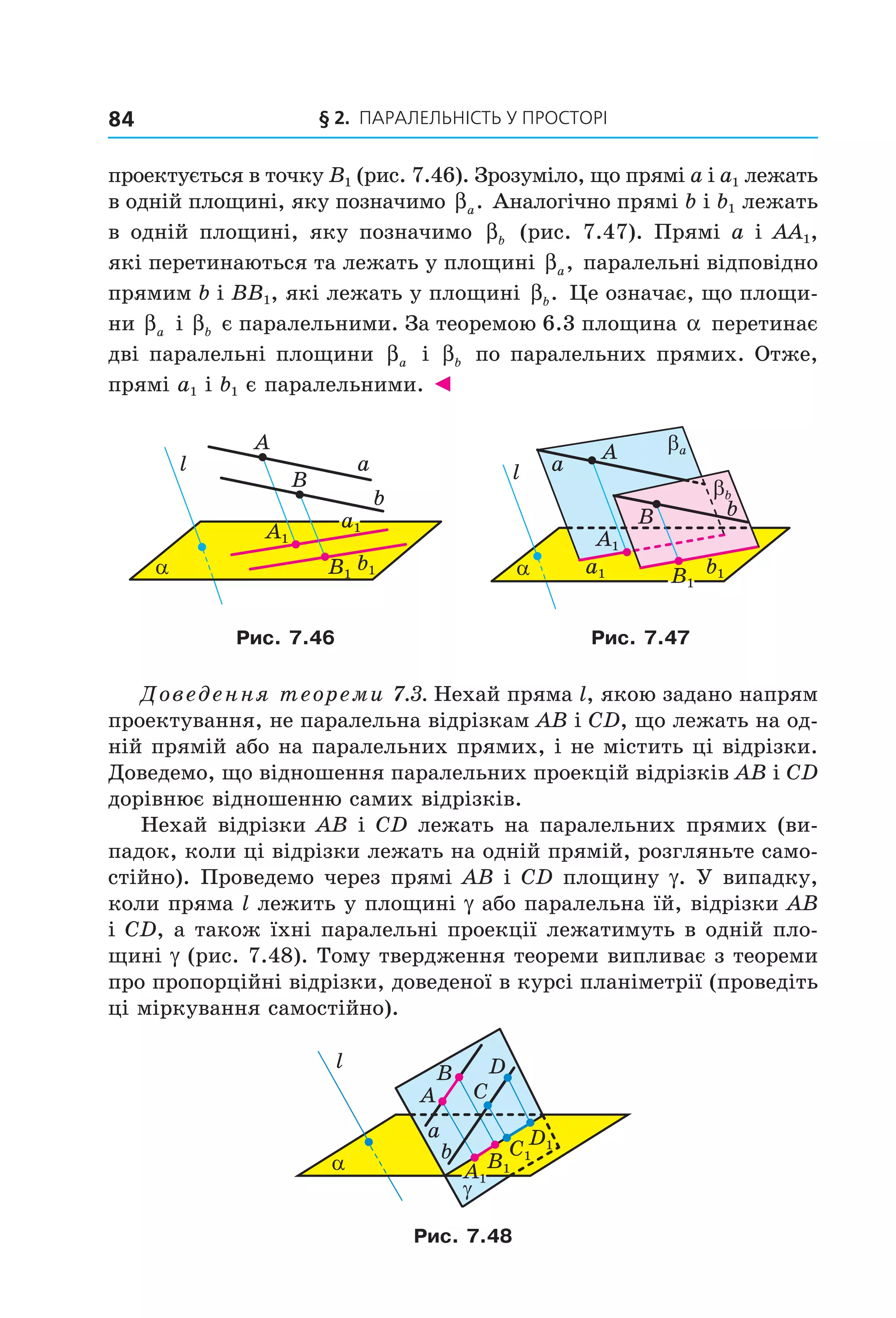 § 2. ПАрАлельНіСть У ПрОСтОрі84
проектується в точку B1 (рис. 7.46). Зрозуміло, що прямі a і a1 лежать
в одній площині, яку позначимо βa. Аналогічно прямі b і b1 лежать
в одній площині, яку позначимо βb (рис. 7.47). Прямі a і AA1,
які перетинаються та лежать у площині βa, паралельні відповідно
прямим b і BB1, які лежать у площині βb. Це означає, що площи-
ни βa і βb є паралельними. За теоремою 6.3 площина α перетинає
дві паралельні площини βa і βb по паралельних прямих. Отже,
прямі a1 і b1 є паралельними. ◄
l
α
a
b
A
B
A1
B1
a1
b1
B1
βb
βa
A1
b1a1
l
α
a
b
A
B
Рис. 7.46 Рис. 7.47
Доведення теореми 7.3. Нехай пряма l, якою задано напрям
проектування, не паралельна відрізкам AB і CD, що лежать на од-
ній прямій або на паралельних прямих, і не містить ці відрізки.
Доведемо, що відношення паралельних проекцій відрізків AB і CD
дорівнює відношенню самих відрізків.
Нехай відрізки AB і CD лежать на паралельних прямих (ви-
падок, коли ці відрізки лежать на одній прямій, розгляньте само-
стійно). Проведемо через прямі AB і CD площину g. У випадку,
коли пряма l лежить у площині g або паралельна їй, відрізки AB
і CD, а також їхні паралельні проекції лежатимуть в одній пло-
щині g (рис. 7.48). Тому твердження теореми випливає з теореми
про пропорційні відрізки, доведеної в курсі планіметрії (проведіть
ці міркування самостійно).
B1
C1
D1
A1
l
α
a
b
γ
B
A
D
C
Рис. 7.48
Право для безоплатного розміщення підручника в мережі Інтернет має
Міністерство освіти і науки України http://mon.gov.ua/ та Інститут модернізації змісту освіти https://imzo.gov.ua
 