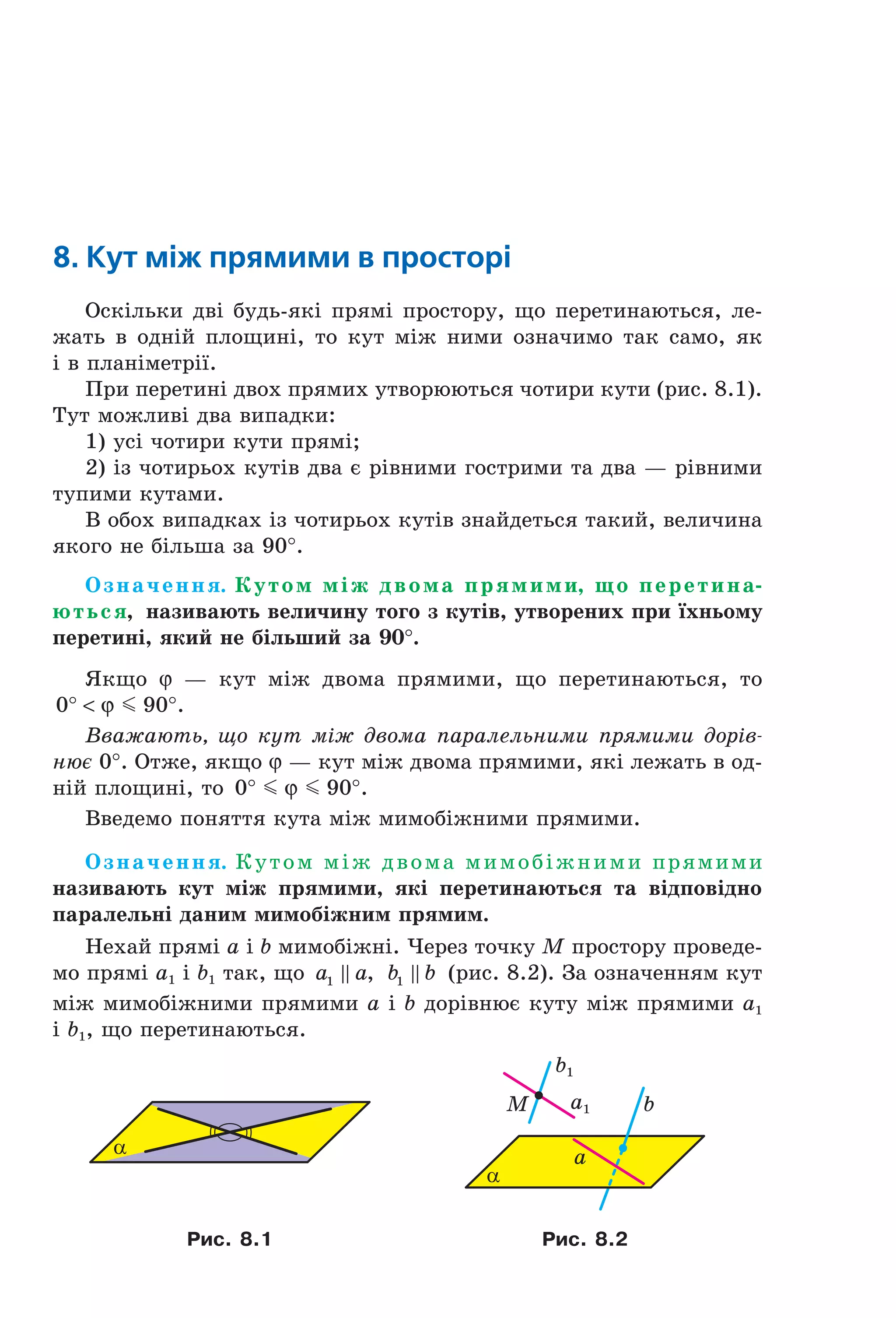 8. кут між прямими в просторі
Оскільки дві будь-які прямі простору, що перетинаються, ле-
жать в одній площині, то кут між ними означимо так само, як
і в планіметрії.
При перетині двох прямих утворюються чотири кути (рис. 8.1).
Тут можливі два випадки:
1) усі чотири кути прямі;
2) із чотирьох кутів два є рівними гострими та два — рівними
тупими кутами.
В обох випадках із чотирьох кутів знайдеться такий, величина
якого не більша за 90°.
Означення. Кутом між двома прямими, що перетина-
ються, називають величину того з кутів, утворених при їхньому
перетині, який не більший за 90°.
Якщо j — кут між двома прямими, що перетинаються, то
0 90° < °ϕ m .
Вважають, що кут між двома паралельними прямими дорів-
нює 0°. Отже, якщо j — кут між двома прямими, які лежать в од-
ній площині, то 0 90° °m mϕ .
Введемо поняття кута між мимобіжними прямими.
Означення. Кутом між двома мимобіжними прямими
називають кут між прямими, які перетинаються та відповідно
паралельні даним мимобіжним прямим.
Нехай прямі a і b мимобіжні. Через точку M простору проведе-
мо прямі a1 і b1 так, що a a1 , b b1 (рис. 8.2). За означенням кут
між мимобіжними прямими a і b дорівнює куту між прямими a1
і b1, що перетинаються.
α
b
α
a
M
b1
a1
Рис. 8.1 Рис. 8.2
Право для безоплатного розміщення підручника в мережі Інтернет має
Міністерство освіти і науки України http://mon.gov.ua/ та Інститут модернізації змісту освіти https://imzo.gov.ua
 
