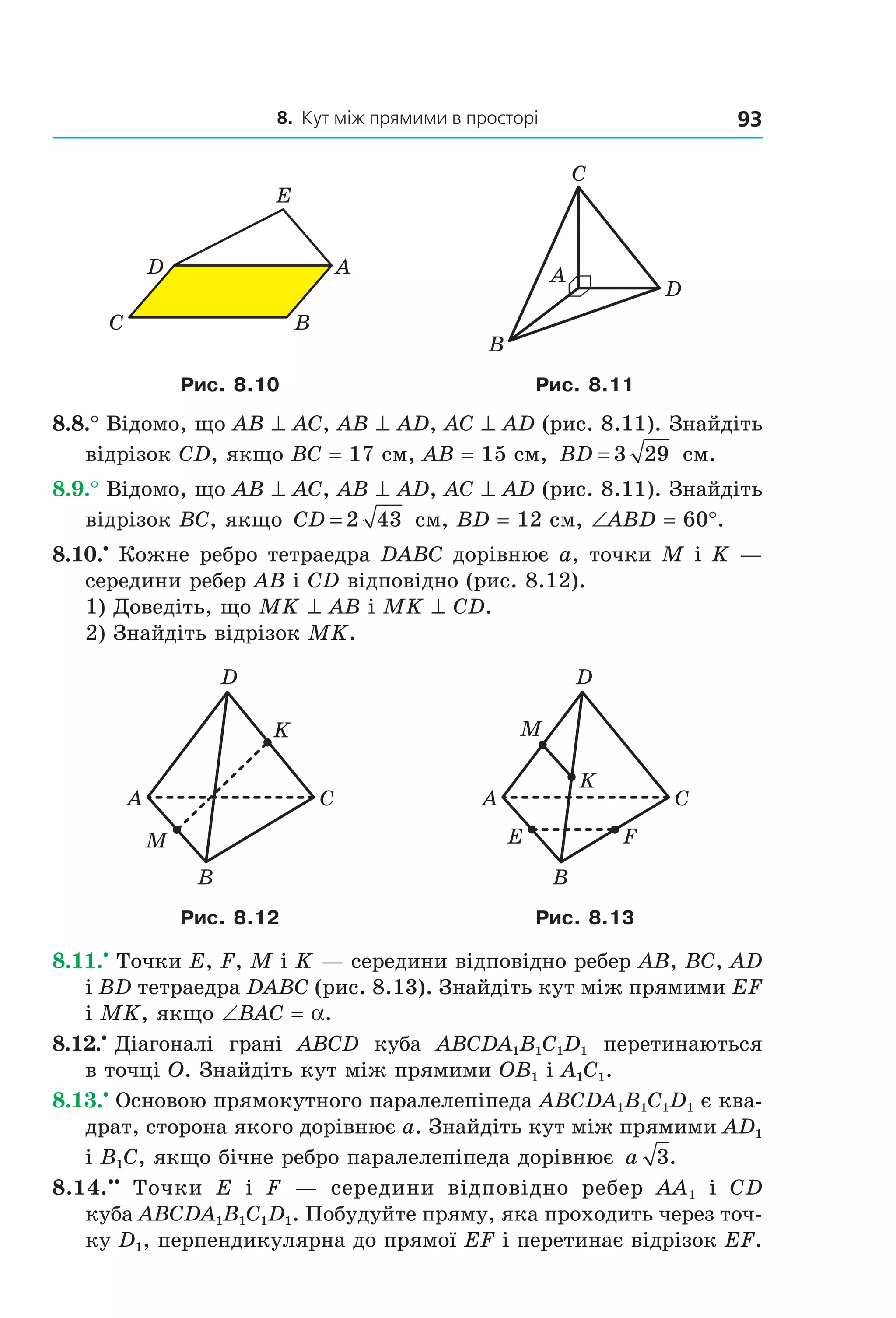938. Кут між прямими в просторі
C
D A
B
E
A
B
C
D
Рис. 8.10 Рис. 8.11
8.8.° Відомо, що AB ^ AC, AB ^ AD, AC ^ AD (рис. 8.11). Знайдіть
відрізок CD, якщо BC = 17 см, AB = 15 см, BD = 3 29 см.
8.9.° Відомо, що AB ^ AC, AB ^ AD, AC ^ AD (рис. 8.11). Знайдіть
відрізок BC, якщо CD = 2 43 см, BD = 12 см, ∠ABD = 60°.
8.10.•
Кожне ребро тетраедра DABC дорівнює a, точки М і K —
середини ребер АВ і СD відповідно (рис. 8.12).
1) Доведіть, що MK ^ AB і MK ^ CD.
2) Знайдіть відрізок MK.
A C
B
M
K
D
A C
B
E F
K
M
D
Рис. 8.12 Рис. 8.13
8.11.•
Точки E, F, M і K — середини відповідно ребер AB, BC, AD
і BD тетраедра DABC (рис. 8.13). Знайдіть кут між прямими EF
і MK, якщо ∠BAC = a.
8.12.•
Діагоналі грані ABCD куба ABCDA1B1C1D1 перетинаються
в точці O. Знайдіть кут між прямими OB1 і A1C1.
8.13.•
Основою прямокутного паралелепіпеда ABCDA1B1C1D1 є ква-
драт, сторона якого дорівнює a. Знайдіть кут між прямими AD1
і B1C, якщо бічне ребро паралелепіпеда дорівнює a 3.
8.14.••
Точки E і F — середини відповідно ребер AA1 і CD
куба ABCDA1B1C1D1. Побудуйте пряму, яка проходить через точ-
ку D1, перпендикулярна до прямої EF і перетинає відрізок EF.
Право для безоплатного розміщення підручника в мережі Інтернет має
Міністерство освіти і науки України http://mon.gov.ua/ та Інститут модернізації змісту освіти https://imzo.gov.ua
 