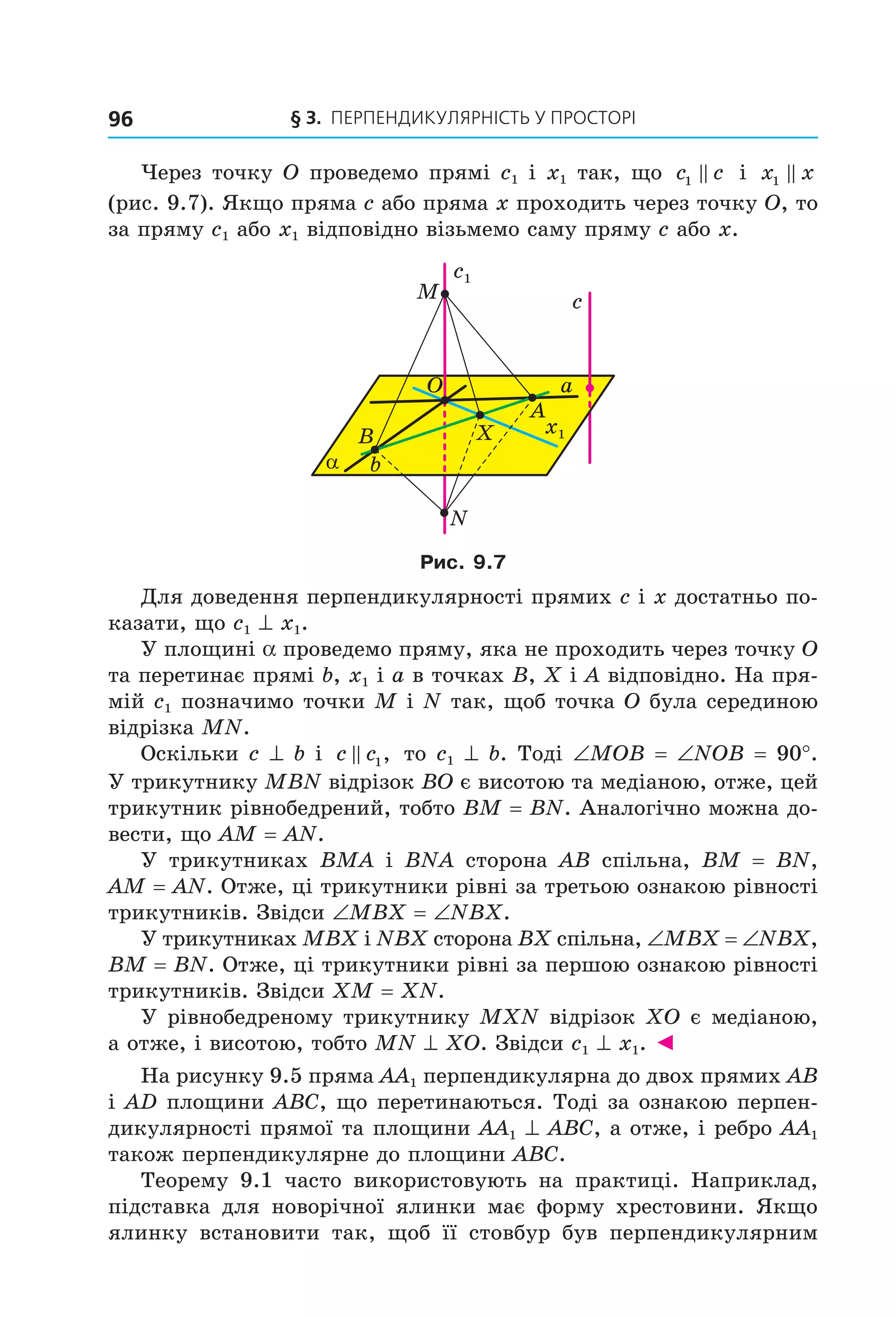 § 3. ПерПеНДиКУлЯрНіСть У ПрОСтОрі96
Через точку O проведемо прямі c1 і x1 так, що c c1 і x x1
(рис. 9.7). Якщо пряма c або пряма x проходить через точку O, то
за пряму c1 або x1 відповідно візьмемо саму пряму c або x.
α
c
O
b
a
B X
A
M
N
ñ1
x1
Рис. 9.7
Для доведення перпендикулярності прямих c і x достатньо по-
казати, що c1 ^ x1.
У площині a проведемо пряму, яка не проходить через точку O
та перетинає прямі b, x1 і a в точках B, X і A відповідно. На пря-
мій c1 позначимо точки M і N так, щоб точка O була серединою
відрізка MN.
Оскільки c ^ b і c c1, то c1 ^ b. Тоді ∠MOB = ∠NOB = 90°.
У трикутнику MBN відрізок BO є висотою та медіаною, отже, цей
трикутник рівнобедрений, тобто BM = BN. Аналогічно можна до-
вести, що AM = AN.
У трикутниках BMA і BNA сторона AB спільна, BM = BN,
AM = AN. Отже, ці трикутники рівні за третьою ознакою рівності
трикутників. Звідси ∠MBX = ∠NBX.
У трикутниках MBX і NBX сторона BX спільна, ∠MBX = ∠NBX,
BM = BN. Отже, ці трикутники рівні за першою ознакою рівності
трикутників. Звідси XM = XN.
У рівнобедреному трикутнику MXN відрізок XO є медіаною,
а отже, і висотою, тобто MN ^ XO. Звідси c1 ^ x1. ◄
На рисунку 9.5 пряма AA1 перпендикулярна до двох прямих AB
і AD площини ABC, що перетинаються. Тоді за ознакою перпен-
дикулярності прямої та площини AA1 ^ ABC, а отже, і ребро AA1
також перпендикулярне до площини ABC.
Теорему 9.1 часто використовують на практиці. Наприклад,
підставка для новорічної ялинки має форму хрестовини. Якщо
ялинку встановити так, щоб її стовбур був перпендикулярним
Право для безоплатного розміщення підручника в мережі Інтернет має
Міністерство освіти і науки України http://mon.gov.ua/ та Інститут модернізації змісту освіти https://imzo.gov.ua
 