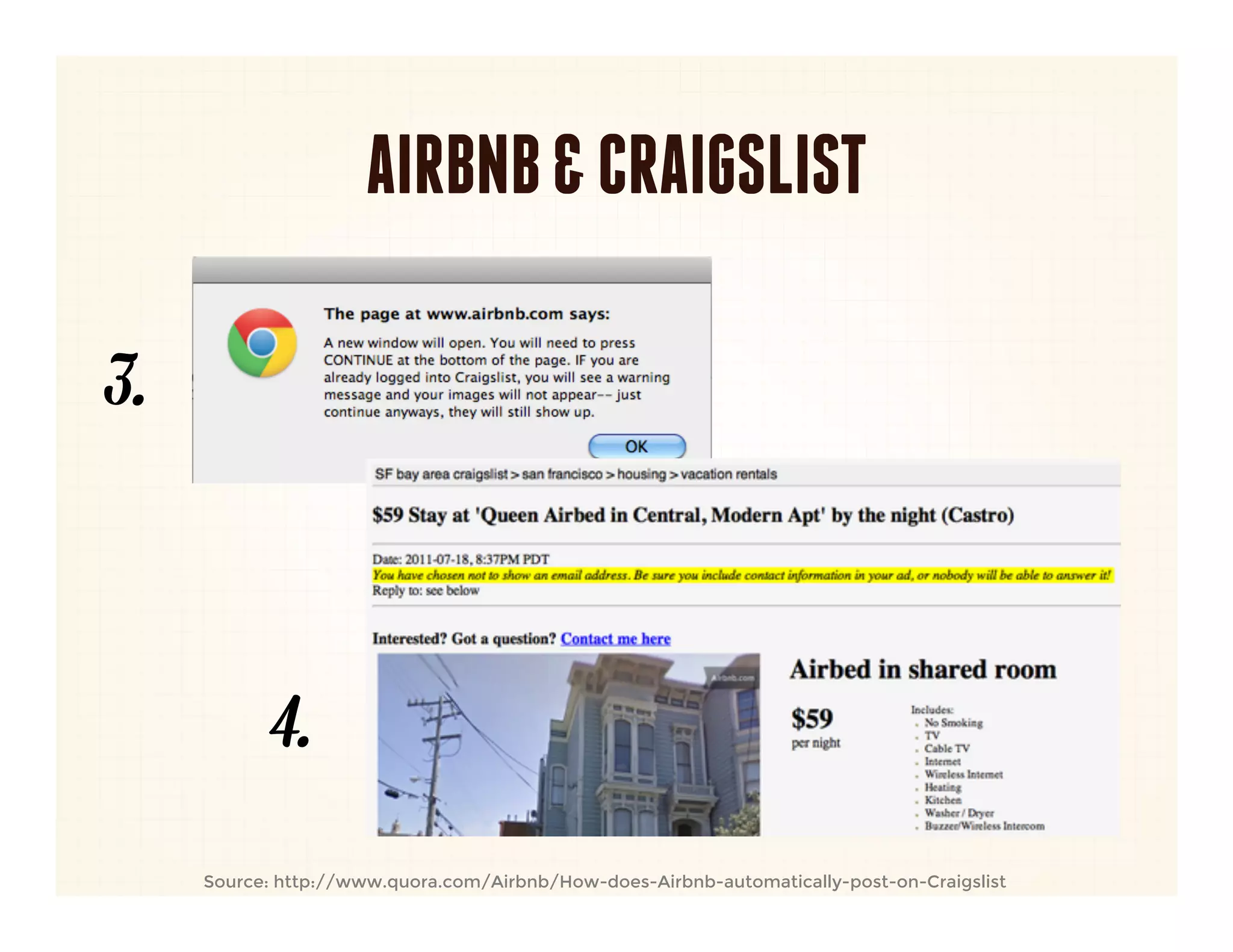 AIRBNB & CRAIGSLIST

3.



            4.
     Source: http://www.quora.com/Airbnb/How-does-Airbnb-automatically-post-on-Craigslist
 