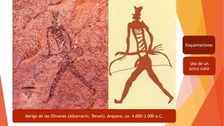 Abrigo de las Olivanas (Albarracín, Teruel). Arquero, ca. 4.000-3.000 a.C.
Esquematismo
Uso de un
único color
 
