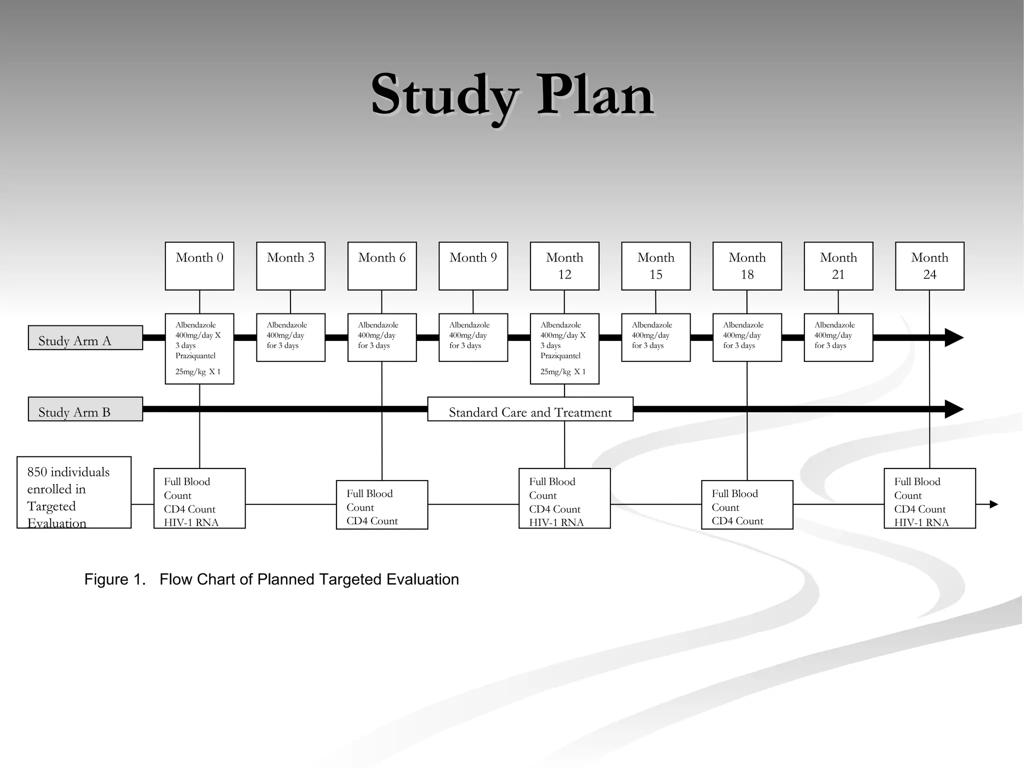 Study Plan 850 individuals enrolled in Targeted Evaluation Month 0 Month 3 Month 6 Month 12 Month 15 Month 18 Month 21 Full Blood Count CD4 Count HIV-1 RNA Study Arm A Study Arm B Standard Care and Treatment Albendazole 400mg/day X 3 days Praziquantel 25mg/kg   X 1 Albendazole 400mg/day for 3 days Albendazole 400mg/day for 3 days Albendazole 400mg/day for 3 days Albendazole 400mg/day for 3 days Full Blood Count CD4 Count HIV-1 RNA Full Blood Count CD4 Count Full Blood Count CD4 Count HIV-1 RNA Full Blood Count CD4 Count Month 9 Albendazole 400mg/day for 3 days Month 24 Albendazole 400mg/day for 3 days Albendazole 400mg/day X 3 days Praziquantel 25mg/kg   X 1 Figure 1.  Flow Chart of Planned Targeted Evaluation 