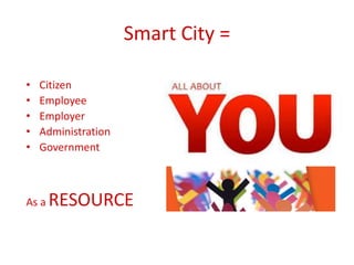 Smart City =
• Citizen
• Employee
• Employer
• Administration
• Government
As a RESOURCE