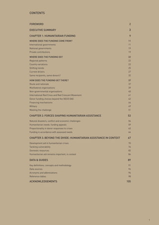Contents


FoRewoRd                                                            2

exeCutive summARy                                                   3

CHApteR 1: HumAnitARiAn FundinG                                     9
wHeRe does tHe FundinG Come FRom?                                   11
International governments                                           11
National governments                                                19
Private contributions                                               19

wHeRe does tHe FundinG Go?                                          22
Regional patterns                                                   22
Country variations                                                  23
Shifting trends                                                     25
Current drivers                                                     27
Same recipients, same donors?                                       32

How does tHe FundinG Get tHeRe?                                     37
Route and rationale                                                 37
Multilateral organisations                                          39
Non-governmental organisations                                      40
International Red Cross and Red Crescent Movement                   41
Donor funding choices beyond the OECD DAC                           42
Financing mechanisms                                                44
Military                                                            49
Meeting the challenge                                               51

CHApteR 2: FoRCes sHApinG HumAnitARiAn AssistAnCe                  53
Natural disasters, conflict and economic challenges                 54
Humanitarian needs: funding appeals                                 59
Proportionality in donor responses to crises                        62
Funding in accordance with assessed needs                           64

CHApteR 3: Beyond tHe divide: HumAnitARiAn AssistAnCe in Context   67
Development aid in humanitarian crises                              70
Tackling vulnerability                                              76
Domestic resources                                                  82
Humanitarian aid remains important, in context                      86

dAtA & Guides                                                      89
Key definitions, concepts and methodology                           91
Data sources                                                        94
Acronyms and abbreviations                                          96
Reference tables                                                    98

ACknowledGements                                                   105




                                                                         1
 