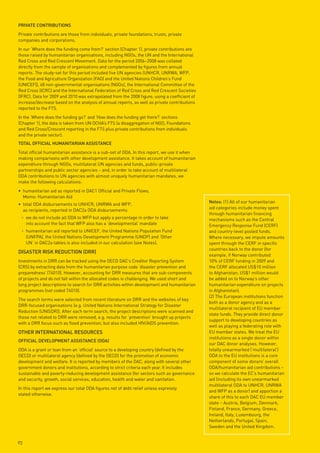 pRivAte ContRiButions
Private contributions are those from individuals, private foundations, trusts, private
companies and corporations.
In our ‘Where does the funding come from?’ section (Chapter 1), private contributions are
those raised by humanitarian organisations, including NGOs, the UN and the International
Red Cross and Red Crescent Movement. Data for the period 2006–2008 was collated
directly from the sample of organisations and complemented by figures from annual
reports. The study-set for this period included five UN agencies (UNHCR, UNRWA, WFP,
the Food and Agriculture Organization (FAO) and the United Nations Children’s Fund
(UNICEF)), 48 non-governmental organisations (NGOs), the International Committee of the
Red Cross (ICRC) and the International Federation of Red Cross and Red Crescent Societies
(IFRC). Data for 2009 and 2010 was extrapolated from the 2008 figure, using a coefficient of
increase/decrease based on the analysis of annual reports, as well as private contributions
reported to the FTS.
In the ‘Where does the funding go?’ and ‘How does the funding get there?’ sections
(Chapter 1), the data is taken from UN OCHA’s FTS (a disaggregation of NGO, Foundations
and Red Cross/Crescent reporting in the FTS plus private contributions from individuals
and the private sector).
totAl oFFiCiAl HumAnitARiAn AssistAnCe
Total official humanitarian assistance is a sub-set of ODA. In this report, we use it when
making comparisons with other development assistance. It takes account of humanitarian
expenditure through NGOs, multilateral UN agencies and funds, public-private
partnerships and public sector agencies – and, in order to take account of multilateral
ODA contributions to UN agencies with almost uniquely humanitarian mandates, we
make the following calculations:
• humanitarian aid as reported in DAC1 Official and Private Flows,
  Memo: Humanitarian Aid
                                                                                               notes: (1) All of our humanitarian
• total ODA disbursements to UNHCR, UNRWA and WFP,
                                                                                               aid categories include money spent
  as recipients, reported in DAC2a ODA disbursements:
                                                                                               through humanitarian financing
 • we do not include all ODA to WFP but apply a percentage in order to take                    mechanisms such as the Central
   into account the fact that WFP also has a ‘developmental’ mandate                           Emergency Response Fund (CERF)
 • humanitarian aid reported to UNICEF, the United Nations Population Fund                     and country-level pooled funds.
   (UNFPA), the United Nations Development Programme (UNDP) and ‘Other                         Where necessary, we impute amounts
   UN’ in DAC2a tables is also included in our calculation (see Notes).                        spent through the CERF in specific
                                                                                               countries back to the donor (for
disAsteR Risk ReduCtion (dRR)
                                                                                               example, if Norway contributed
Investments in DRR can be tracked using the OECD DAC’s Creditor Reporting System               10% of CERF funding in 2009 and
(CRS) by extracting data from the humanitarian purpose code ‘disaster prevention and           the CERF allocated US$10 million
preparedness’ (74010). However, accounting for DRR measures that are sub-components            to Afghanistan, US$1 million would
of projects and do not fall within the allocated codes is challenging. We used short and       be added on to Norway’s other
long project descriptions to search for DRR activities within development and humanitarian     humanitarian expenditure on projects
programmes (not coded 74010).                                                                  in Afghanistan).
                                                                                               (2) The European institutions function
The search terms were selected from recent literature on DRR and the websites of key
                                                                                               both as a donor agency and as a
DRR-focused organisations (e.g. United Nations International Strategy for Disaster
                                                                                               multilateral recipient of EU member
Reduction (UNISDR)). After each term search, the project descriptions were scanned and
                                                                                               state funds. They provide direct donor
those not related to DRR were removed, e.g. results for ‘prevention’ brought up projects
                                                                                               support to developing countries as
with a DRR focus such as flood prevention, but also included HIV/AIDS prevention.
                                                                                               well as playing a federating role with
otHeR inteRnAtionAl ResouRCes                                                                  EU member states. We treat the EU
                                                                                               institutions as a single donor within
oFFiCiAl development AssistAnCe (odA)
                                                                                               our DAC donor analyses. However,
ODA is a grant or loan from an ‘official’ source to a developing country (defined by the       totally unearmarked (‘multilateral’)
OECD) or multilateral agency (defined by the OECD) for the promotion of economic               ODA to the EU institutions is a core
development and welfare. It is reported by members of the DAC, along with several other        component of some donors’ overall
government donors and institutions, according to strict criteria each year. It includes        ODA/humanitarian aid contributions –
sustainable and poverty-reducing development assistance (for sectors such as governance        so we calculate the EC’s humanitarian
and security, growth, social services, education, health and water and sanitation.             aid (including its own unearmarked
                                                                                               multilateral ODA to UNHCR, UNRWA
In this report we express our total ODA figures net of debt relief unless expressly
                                                                                               and WFP as a donor) and apportion a
stated otherwise.
                                                                                               share of this to each DAC EU member
                                                                                               state – Austria, Belgium, Denmark,
                                                                                               Finland, France, Germany, Greece,
                                                                                               Ireland, Italy, Luxembourg, the
                                                                                               Netherlands, Portugal, Spain,
                                                                                               Sweden and the United Kingdom.


92
 
