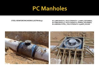 STEEL REINFORCINGWORKS (ASTMA615): -Ø>14MMGRADE 60, YIELD STRENGTH = 400MPA, DEFORMED;
-Ø=12MM GRADE 40, YIELD STRENGTH =280MPA, DEFORMED;
-Ø<12MM MILD STEEL, YIELD STRENGTH =250MPA, ROUND