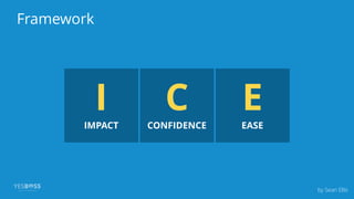 Framework
IMPACT CONFIDENCE EASE
by Sean Ellis
I C E
 