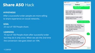 Share ASO Hack
HYPOTHESIS
After a successful order people are more willing
to share experience on social networks.
GOAL
25 out of 100 People share.
LEARNING
75 out of 100 People share after successful order
but they do it only once. When we ask the 2nd time
the conversion rate goes down on 10%.
 
