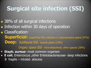 Surgical site infection (SSI)
 38% of all surgical infections
 Infection within 30 days of operation
 Classification:
Superficial: Superficial SSI–infection in subcutaneous plane (47%)
Deep: Subfascial SSI- muscle plane (23%)
Organ/ space SSI- intra-abdominal, other spaces (30%)


Staph. aureus- most common organism
E coli, Entercoccus ,other Entetobacteriaceae- deep infections
B fragilis – intrabd. abscess
 