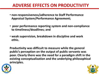 ADVERSE EFFECTS ON PRODUCTIVITY 
• non-responsiveness/adherence to Staff Performance 
Appraisal System/Performance Agreeme...
