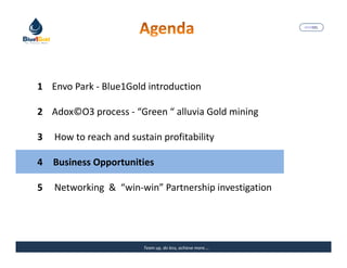 MARISEL




1 Envo Park - Blue1Gold introduction

2 Adox©O3 process - “Green “ alluvia Gold mining

3   How to reach and sustain profitability

4 Business Opportunities

5   Networking & “win-win” Partnership investigation




                         Team up, do less, achieve more….   The Precious Water
 