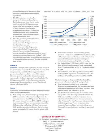 extended loan tenors for borrowers in these       GROWTH IN NUMBER AND VALUE OF ECOBANK LOANS, 2002-2008
     industries as it focuses on financing capital
     expenditures.
                                                       $450                                                                        10,000
 The DCA guarantees contributed to
                                                       $400                                                                        9,000
     changes in EcoBank’s lending behavior.
                                                       $350                                                                        8,000
     EcoBank personnel stated that the bank’s
                                                       $300                                                                        7,000
     experience with the DCA guarantees was




                                                   Portfolio value (millions)
                                                                                                                                   6,000
     crucial to the bank increasing the number         $250




                                                                                                                                       Number of loans
                                                                                                                                   5,000
     of larger, long-term loans for capital            $200
                                                                                                                                   4,000
     expenditures in recent years. EcoBank has         $150                                                                        3,000
     increased lending to MFIs outside of the          $100                                                                        2,000
     guarantees and is now extending medium
                                                        $50                                                                        1,000
     to long-term credit to MFIs.
                                                         $0                                                                        0
 The DCA guarantees prompted EcoBank
                                                                2002   2003        2004      2005     2006      2007      2008
     to expand lending into new
     sectors/industries. Bank personnel said                         Entire portfolio value            SME portfolio value
     that the ability to test new                                    Entire portfolio numbers          SME portfolio numbers
     industries/sectors within the guarantee
     was critical to the bank’s lending in these
     industries/sectors outside of the guarantee
     coverage but said that the guarantees made, at most, a             Microfinance institutions increased lending from 0.3
     minor contribution to the growth in EcoBank’s SME                       percent to 1.8 percent of real GDP between 2002 and 2006,
     portfolio. Guaranteed loans accounted for only one percent              a 500 percent increase. At least three banks in Ghana have
     of the number and nine percent of the value of all SME                  partnered with financial institutions, enabling those
     loans in 2008.                                                          institutions to obtain needed capital for on-lending.
                                                                        The Bank of Ghana’s SME Survey in 2005 found that “the
IMPACT                                                                       share of SMEs in total exposure of banks has increased
Conclusions Lending to SMEs (a proxy for the target sectors of               from 0.95 percent of GDP in 2001 to 1.54 percent of GDP
the guarantee) has increased substantially in Ghana since 2002               by 2004.”
(pre-guarantee). Anecdotal evidence suggests that loan                  Two of the three banks that responded to a survey of five
guarantees may be responsible for some of this increase.                     banks with SME departments reported increases in SME
However, given the small number of industries/sectors                        lending of 257 and 450 percent between 2002 and 2008.
represented by EcoBank’s guaranteed loans, the effect of the
DCA guarantees is likely modest. Factors external to the               Qualitative findings on the potential for EcoBank’s DCA
guarantees are likely responsible for most of the observed             guarantees to influence broader SME lending include:
increase in lending to SMEs.                                            Three individuals prominent in the banking and
                                                                             development sectors stated that they have witnessed banks
Findings                                                                     observing and learning from other banks’ experience when
Key findings in support of the conclusion of increased financial             deciding to enter new industries or sectors.
sector lending to SMEs include:                                         The three banks that responded to the evaluation team’s
 Bank lending to the private sector (as a percentage of real                survey of five banks that competed with EcoBank in the


                                                                                                                                                         DCA LOAN GUARANTEE
     GDP to control for inflation and overall growth in the                  SME market said that other banks’ experience in new
     economy) increased from 14.0 percent to 28.8 percent (a                 industries and with different loan sizes and tenors were
     106 percent increase) between 2000 and 2008. Lending to                 either “somewhat” or “very” important in determining the
     the commerce and finance sector, a sector dominated by                  banks’ lending strategy. Twenty-two percent of the



                                                                                                                                                         GHANA
     SMEs according to a banking official and a government                   recipients of guaranteed loans have received long-term
     SME specialist, grew substantially more than most other                 financing from other banks since receiving the guaranteed
     sectors increasing by 300 percent from 1.2 percent to 4.8               loans.
     percent.


                                                 CONTACT INFORMATION
                                             U.S. Agency for International Development
                                                                                                                                                         IMPACT BRIEF
                                                    Office of Development Credit
                                                   1300 Pennsylvania Avenue, NW
                                                      Washington, D.C. 20523
                                                                                http://www.USAID.gov
                                                                                     Keyword: DCA
 