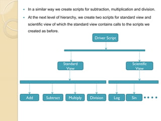 — 

In a similar way we create scripts for subtraction, multiplication and division.

— 

At the next level of hierarchy, we create two scripts for standard view and
scientific view of which the standard view contains calls to the scripts we
created as before.

Driver Script

Standard
View

Add

Subtract

Multiply

Scientific
View

Division

Log

Sin

 