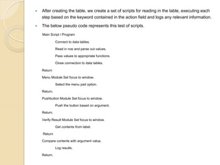 — 

After creating the table, we create a set of scripts for reading in the table, executing each
step based on the keyword contained in the action field and logs any relevant information.

— 

The below pseudo code represents this test of scripts.
Main Script / Program
Connect to data tables.
Read in row and parse out values.
Pass values to appropriate functions.
Close connection to data tables.
Return
Menu Module Set focus to window.
Select the menu pad option.
Return.
Pushbutton Module Set focus to window.
Push the button based on argument.
Return.
Verify Result Module Set focus to window.
Get contents from label.
Return
Compare contents with argument value.
Log results.
Return.

 
