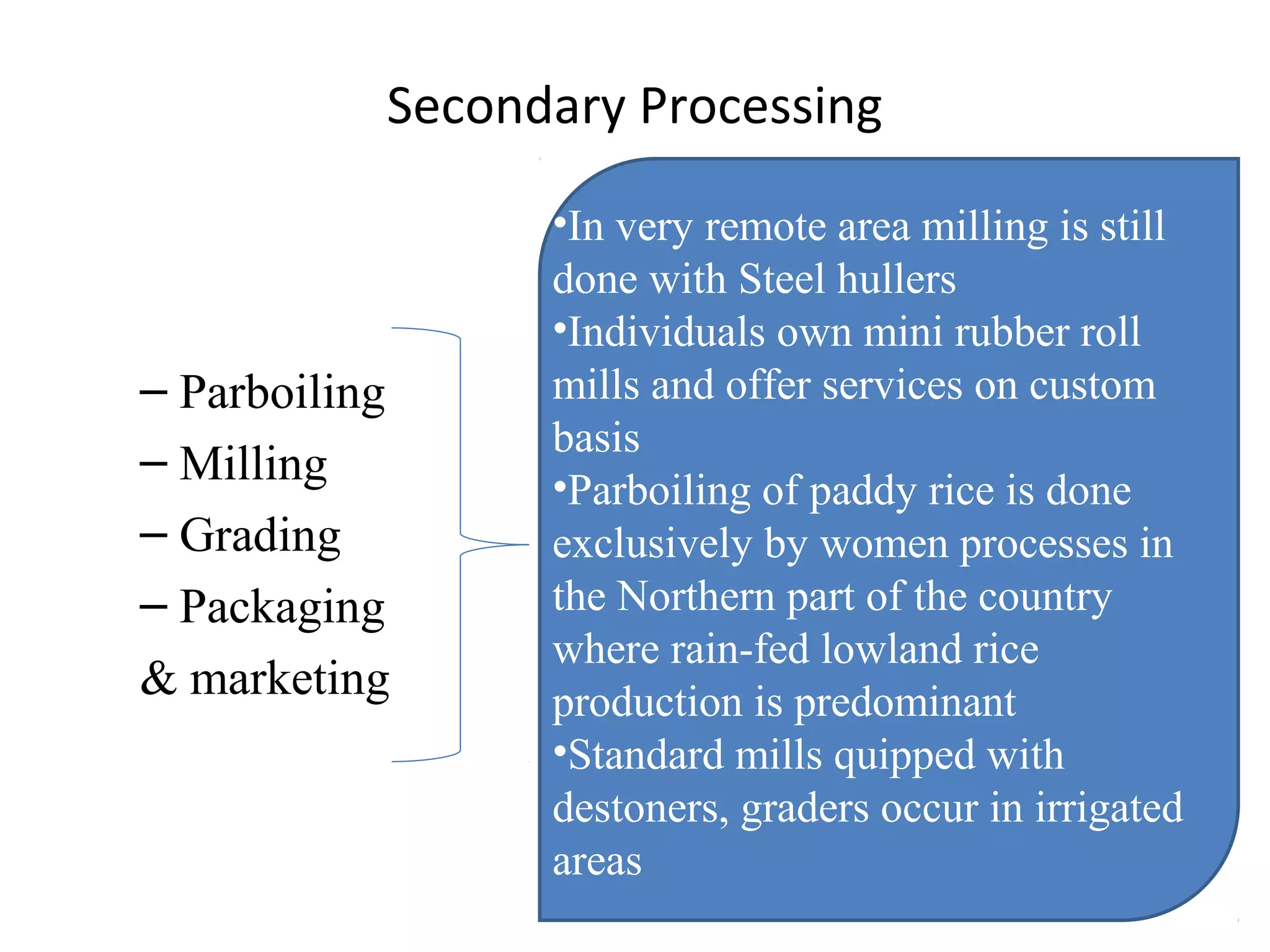 Secondary Processing

                     •In very remote area milling is still
                     done with Steel hullers
                     •Individuals own mini rubber roll
– Parboiling         mills and offer services on custom
                     basis
– Milling
                     •Parboiling of paddy rice is done
– Grading            exclusively by women processes in
– Packaging          the Northern part of the country
                     where rain-fed lowland rice
& marketing          production is predominant
                     •Standard mills quipped with
                     destoners, graders occur in irrigated
                     areas
 