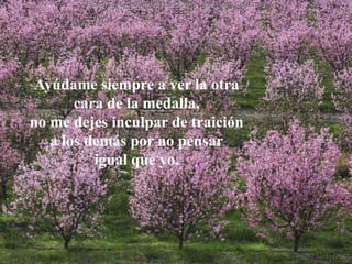 Ayúdame siempre a ver la otra
       cara de la medalla,
no me dejes inculpar de traición
   a los demás por no pensar
          igual que yo.
 