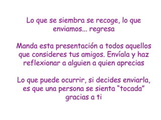 Lo que se siembra se recoge, lo que enviamos... regresa Manda esta presentación a todos aquellos que consideres tus amigos. Envíala y  haz reflexionar  a alguien a quien aprecias Lo que puede ocurrir, si decides enviarl a , es que una persona se sienta “tocad a ” gracias a ti 