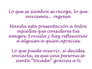 Lo que se siembra se recoge, lo que enviamos... regresa Manda esta presentación a todos aquellos que consideres tus amigos. Envíala y  haz reflexionar  a alguien a quien aprecias Lo que puede ocurrir, si decides enviarl a , es que una persona se sienta “tocad a ” gracias a ti 