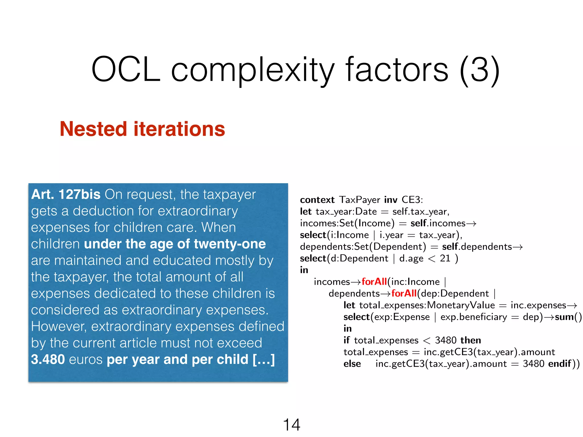 OCL complexity factors (3) 
Art. 127bis On request, the taxpayer 
gets a deduction for extraordinary 
expenses for children care. When 
children under the age of twenty-one 
are maintained and educated mostly by 
the taxpayer, the total amount of all 
expenses dedicated to these children is 
considered as extraordinary expenses. 
However, extraordinary expenses defined 
by the current article must not exceed 
3.480 euros per year and per child […] 
14 
Nested iterations 
context TaxPayer inv CE3: 
let tax year:Date = self.tax year, 
incomes:Set(Income) = self.incomes! select(i:Income | i.year = tax year), 
dependents:Set(Dependent) = self.dependents! select(d:Dependent | d.age < 21 ) 
in 
incomes!forAll(inc:Income | dependents!forAll(dep:Dependent | let total expenses:MonetaryValue = inc.expenses! select(exp:Expense | exp.beneficiary = dep)!sum() 
in 
if total expenses < 3480 then 
total expenses = inc.getCE3(tax year).amount 
else inc.getCE3(tax year).amount = 3480 endif)) 
 
