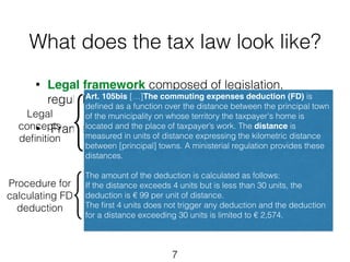 What does the tax law look like? 
• Legal framework composed of legislation, 
regulations, and circulars 
! 
Art. 105bis […]The commuting expenses deduction (FD) is 
defined as a function over the distance between the principal town 
of the municipality on whose territory the taxpayer's home is 
located and the place of taxpayer’s work. The distance is 
measured in units of distance expressing the kilometric distance 
between [principal] towns. A ministerial regulation provides these 
distances. 
! 
The amount of the deduction is calculated as follows: 
If the distance exceeds 4 units but is less than 30 units, the 
deduction is € 99 per unit of distance. 
The first 4 units does not trigger any deduction and the deduction 
for a distance exceeding 30 units is limited to € 2,574. 
• Framework has prescriptive nature 
Procedure for 
calculating FD 
deduction 
7 
{{ 
Legal 
concepts 
definition 
 