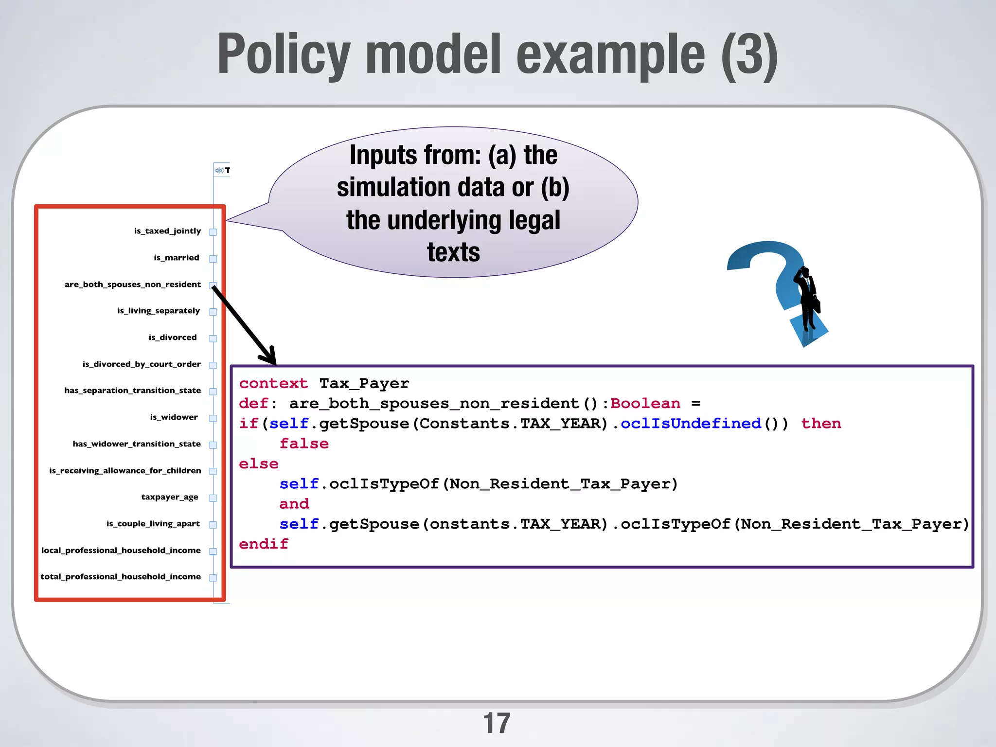Policy model example (3)
17
Inputs from: (a) the
simulation data or (b)
the underlying legal
texts 
context Tax_Payer
def: are_both_spouses_non_resident():Boolean =
if(self.getSpouse(Constants.TAX_YEAR).oclIsUndefined()) then
false
else
self.oclIsTypeOf(Non_Resident_Tax_Payer)
and
self.getSpouse(onstants.TAX_YEAR).oclIsTypeOf(Non_Resident_Tax_Payer)
endif
 