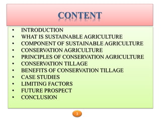 • INTRODUCTION
• WHAT IS SUSTAINABLE AGRICULTURE
• COMPONENT OF SUSTAINABLE AGRICULTURE
• CONSERVATION AGRICULTURE
• PRINCIPLES OF CONSERVATION AGRICULTURE
• CONSERVATION TILLAGE
• BENEFITS OF CONSERVATION TILLAGE
• CASE STUDIES
• LIMITING FACTORS
• FUTURE PROSPECT
• CONCLUSION
CONTENT
3
 