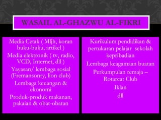 Media Cetak ( Mljh, koran buku-buku, artikel ) Media elektronik ( tv, radio, VCD, Internet, dll ) Yayasan/ lembaga sosial (Fremansonry, lion club) Lembaga keuangan & ekonomi Produk-produk makanan, pakaian & obat-obatan Kurikulum pendidikan & pertukaran pelajar  sekolah kepribadian Lembaga keagamaan buatan Perkumpulan remaja – Rotarcat Club Iklan dll WASAIL AL-GHAZWU AL-FIKRI 