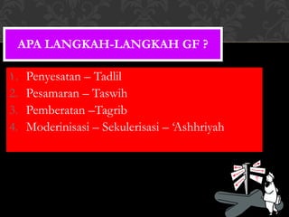 APA LANGKAH-LANGKAH GF ? Penyesatan – Tadlil Pesamaran – Taswih Pemberatan –Tagrib Moderinisasi – Sekulerisasi – ‘Ashhriyah 